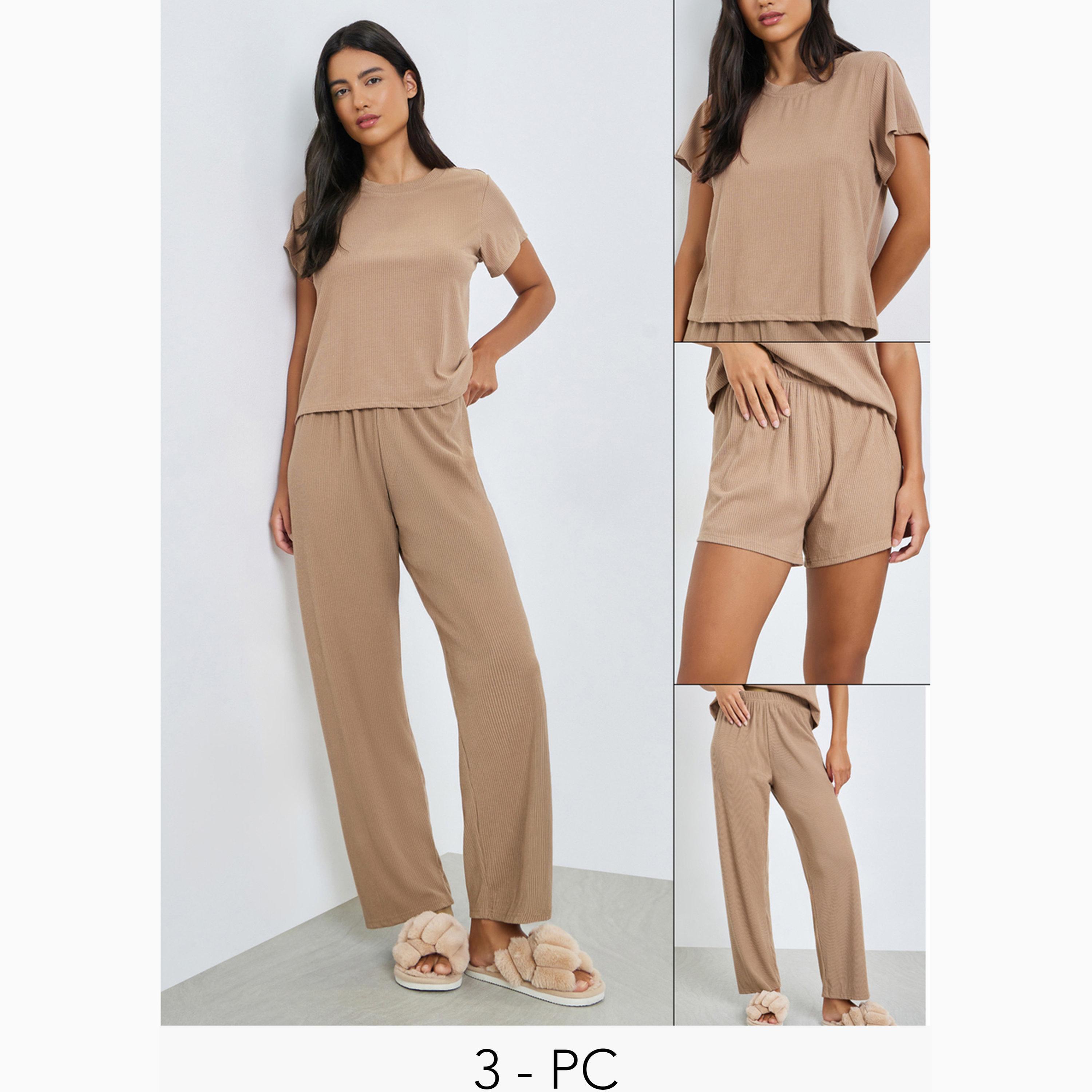 Styli Ribbed Short Sleeve T-Shirt, Shorts and Pants Pyjama Set-women-clothing-nightwear-pyjamas-longsets-image-1