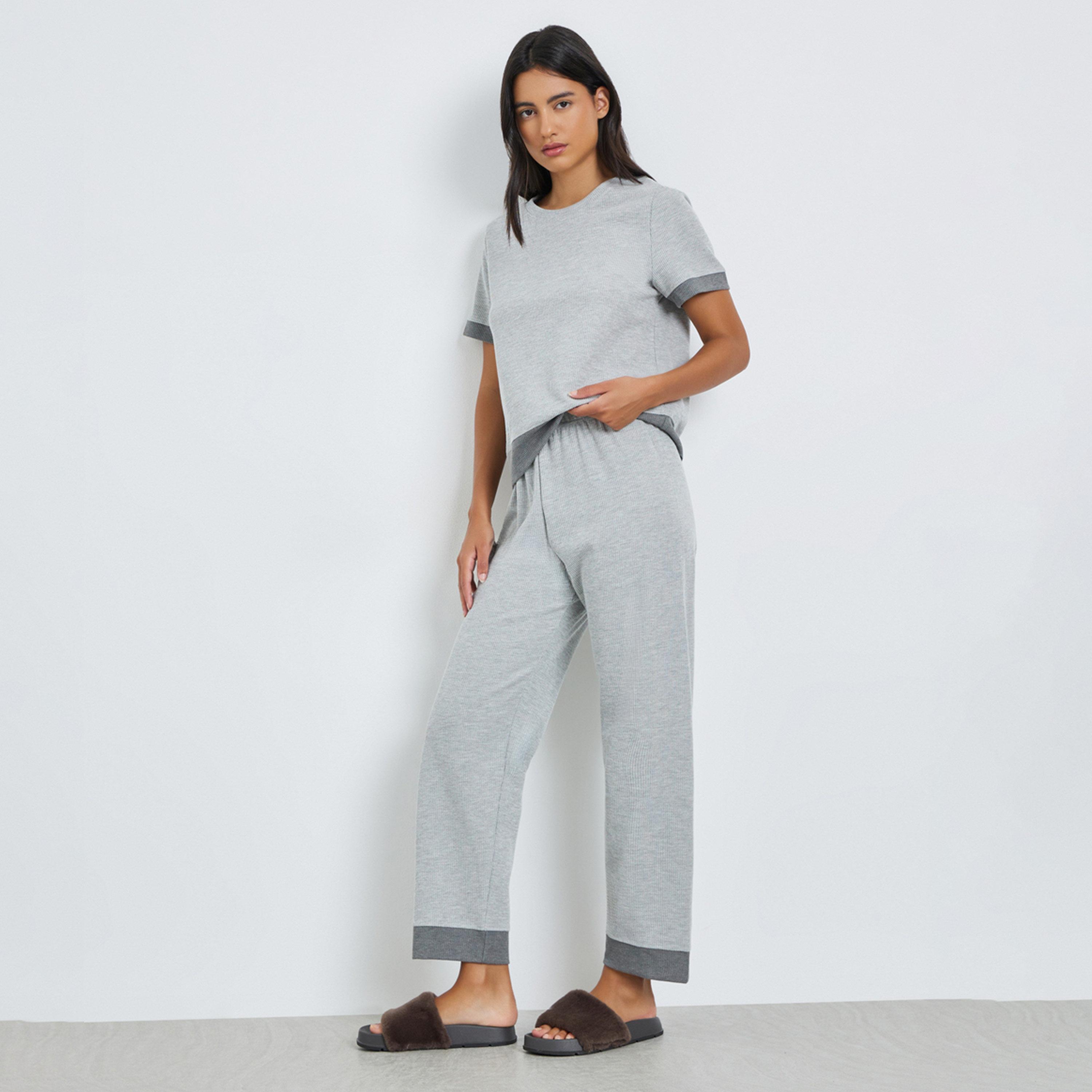 Styli Grey Ribbed Contrast Hem T-Shirt and Pyjama Pants Set-women-clothing-nightwear-pyjamas-longsets-image-1