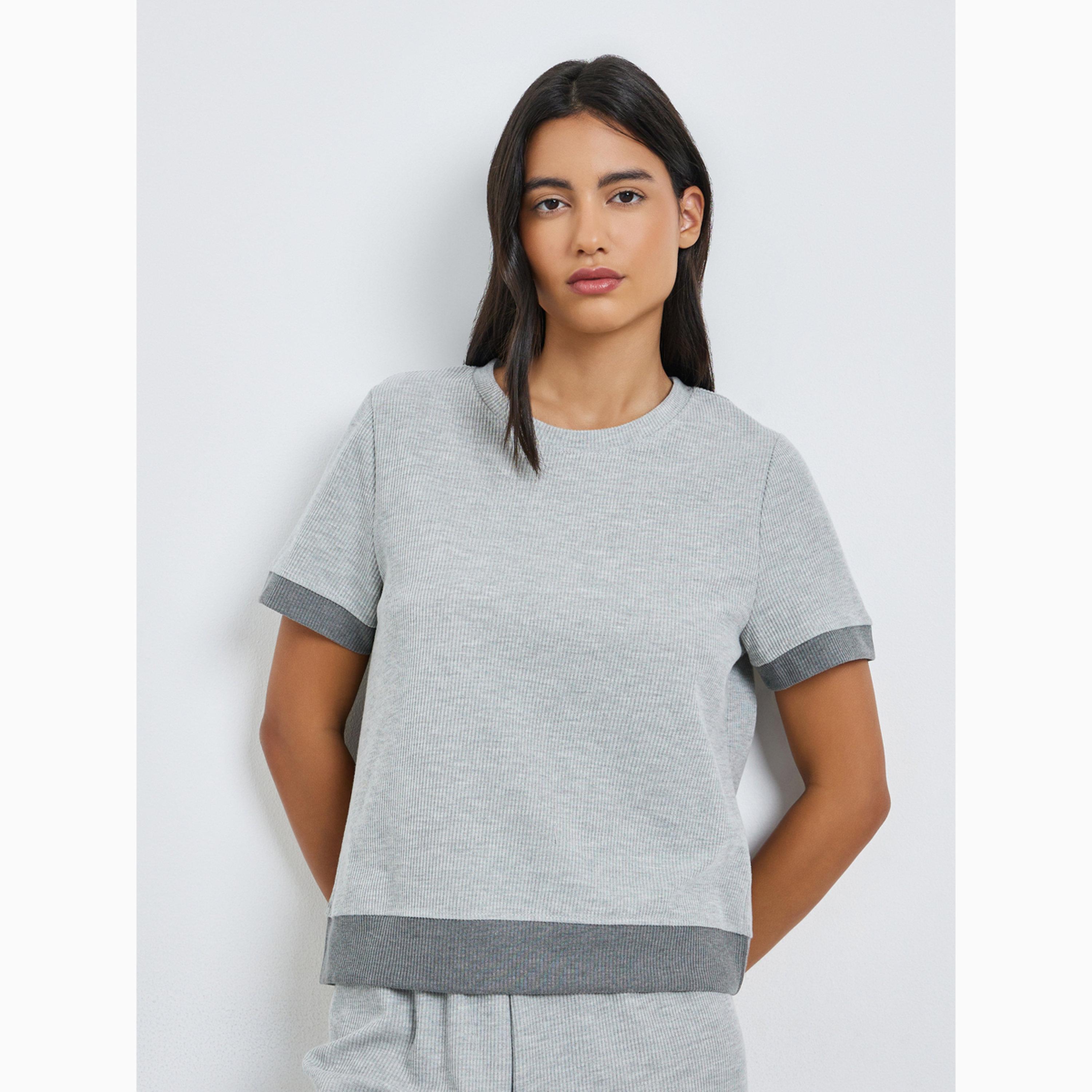Styli Grey Ribbed Contrast Hem T-Shirt and Pyjama Pants Set-women-clothing-nightwear-pyjamas-longsets-image-2