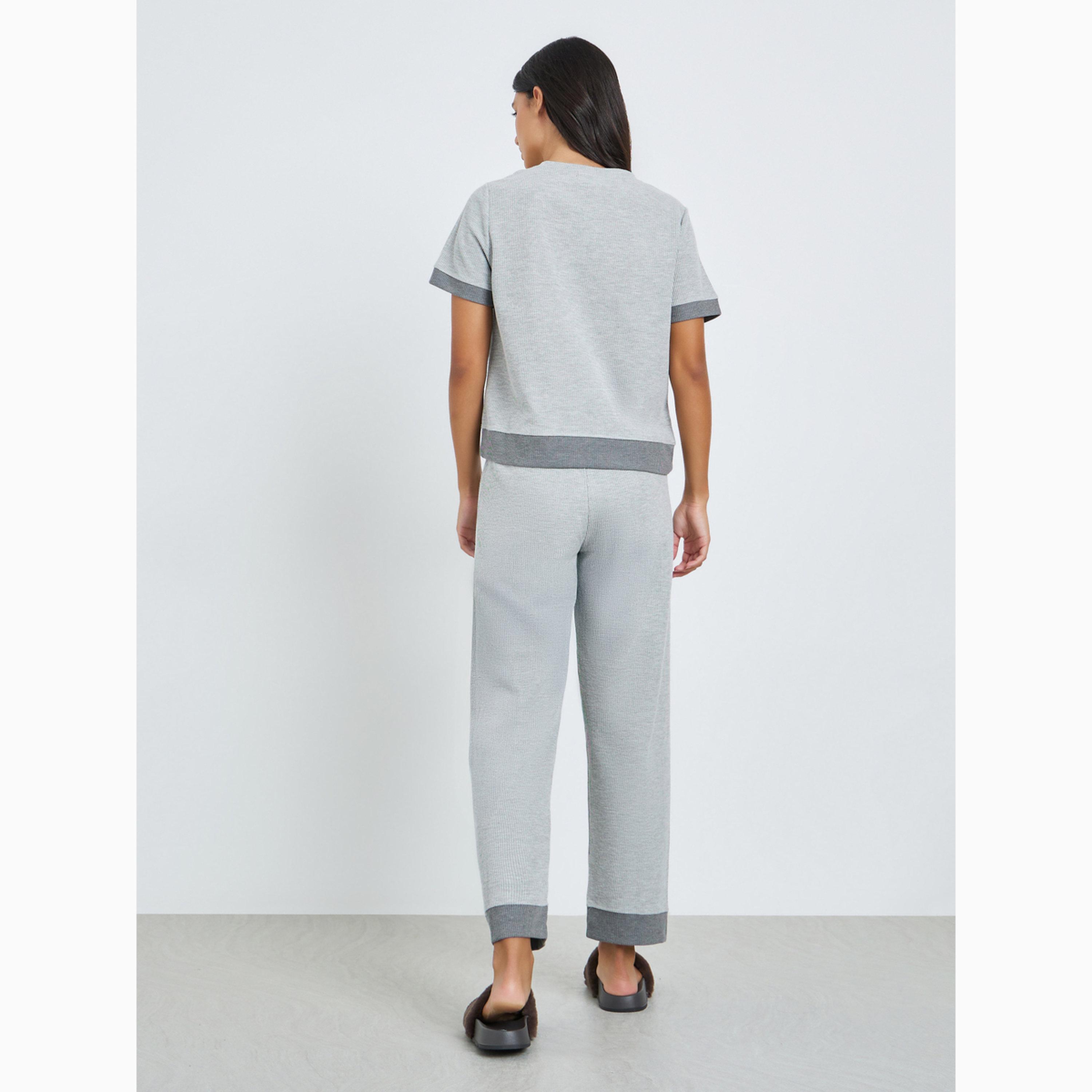 Styli Grey Ribbed Contrast Hem T-Shirt and Pyjama Pants Set-women-clothing-nightwear-pyjamas-longsets-image-5