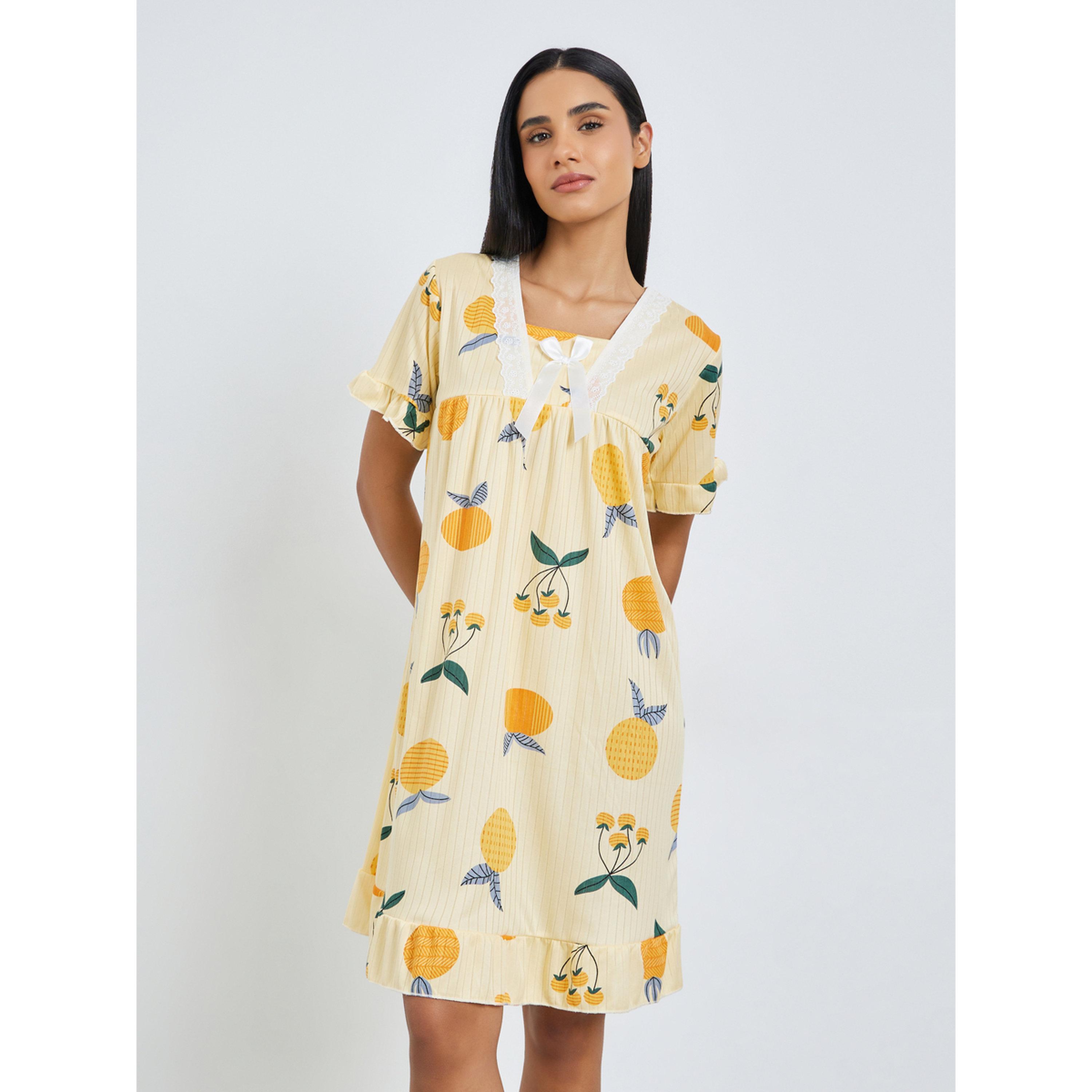 Styli Yellow Fruit Print Short Sleeve Nightdress-women-clothing-nightwear-nighties-image-1