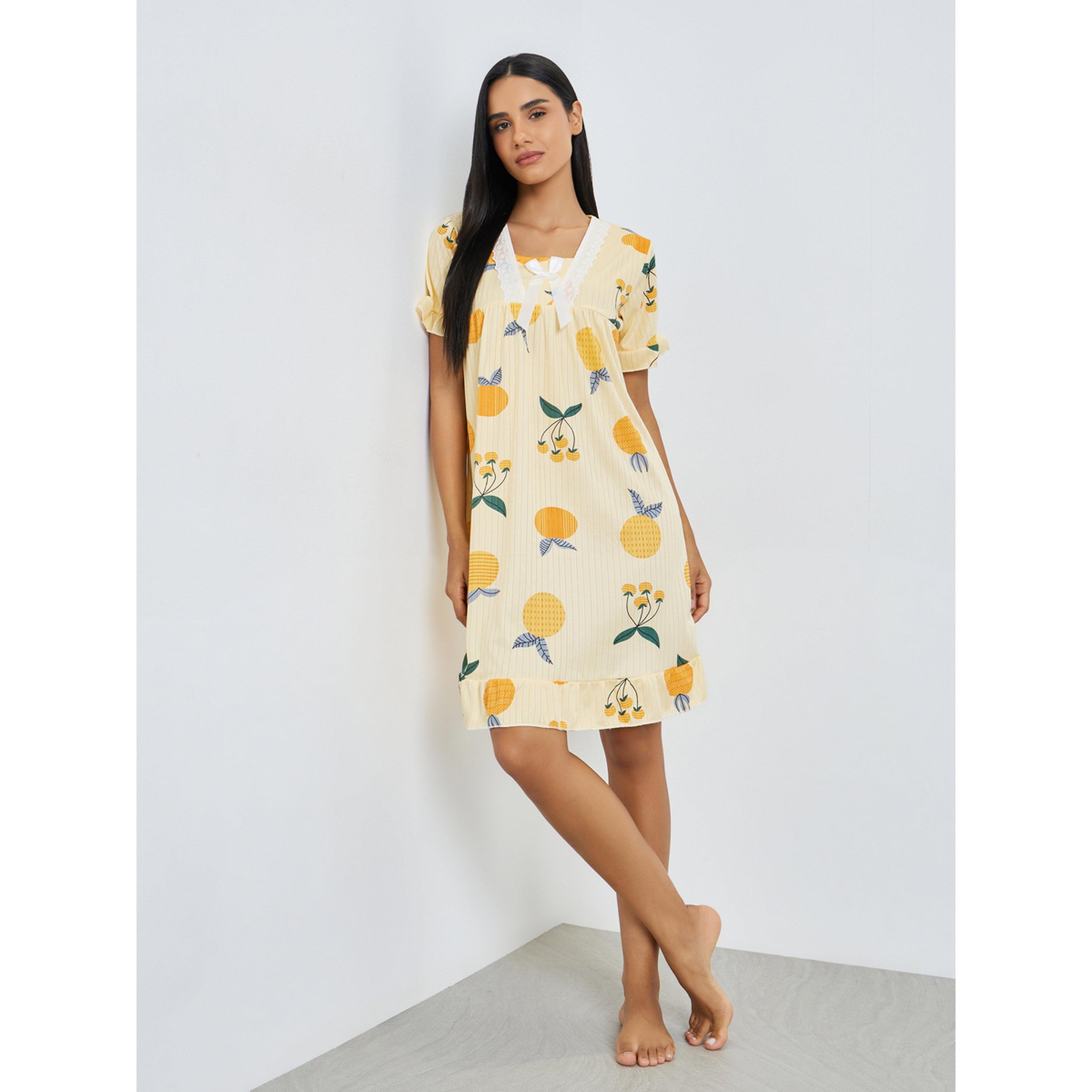 Styli Yellow Fruit Print Short Sleeve Nightdress-women-clothing-nightwear-nighties-image-2