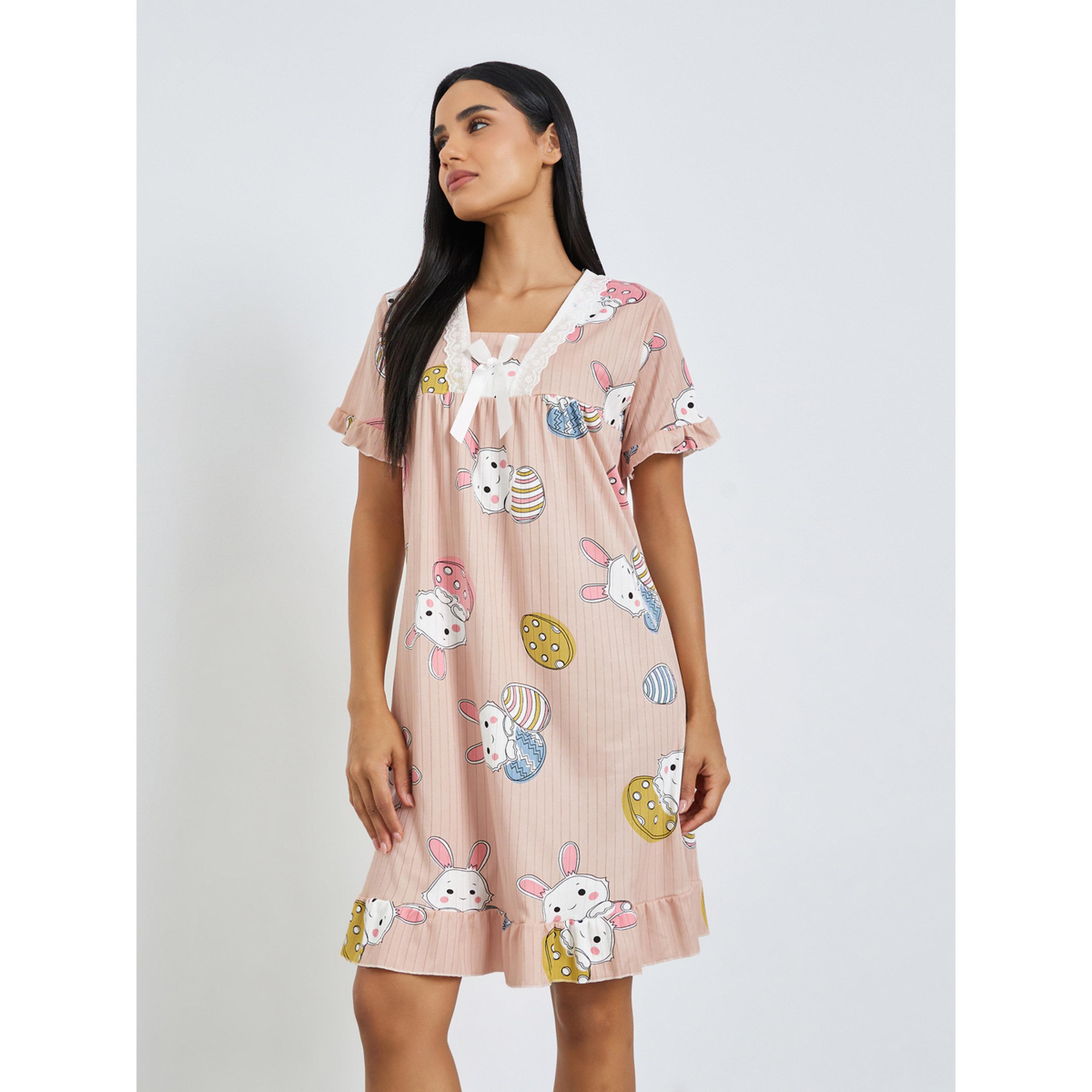 Styli Pink Bunny Print Short Sleeve Nightdress-women-clothing-nightwear-nighties-image-1