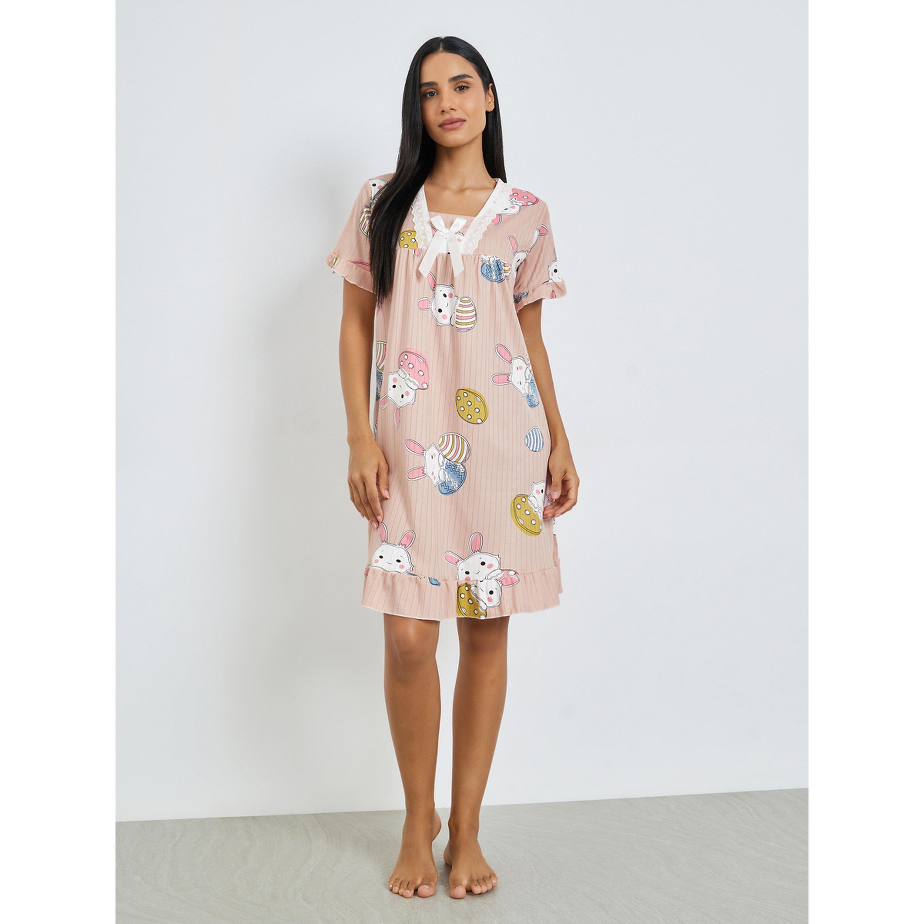 Styli Pink Bunny Print Short Sleeve Nightdress-women-clothing-nightwear-nighties-image-2