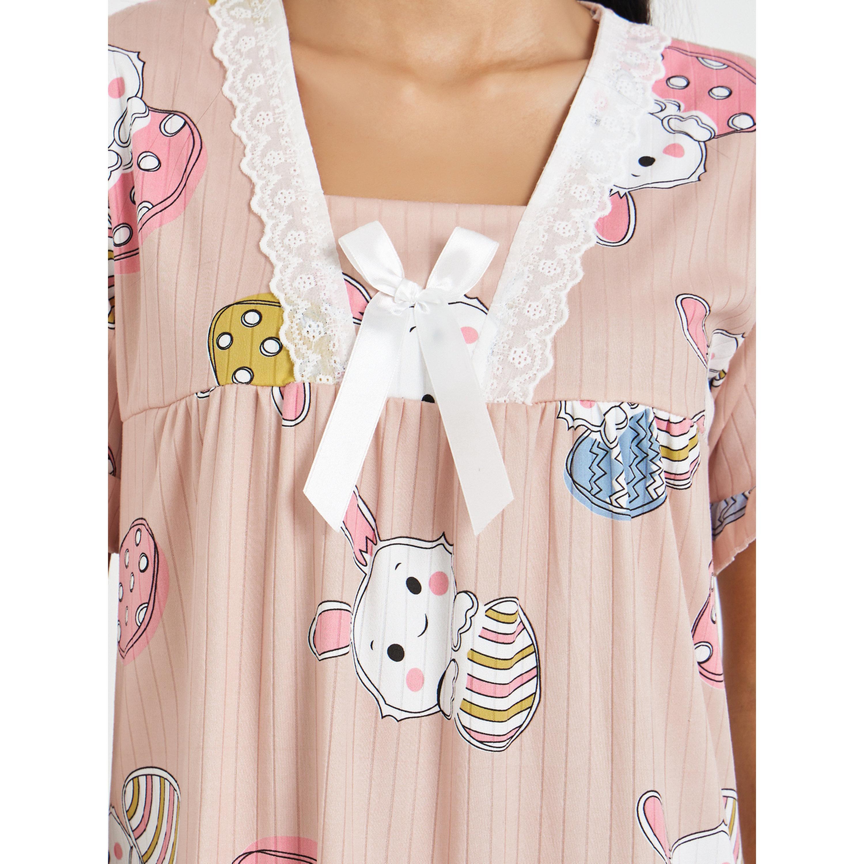 Styli Pink Bunny Print Short Sleeve Nightdress-women-clothing-nightwear-nighties-image-4
