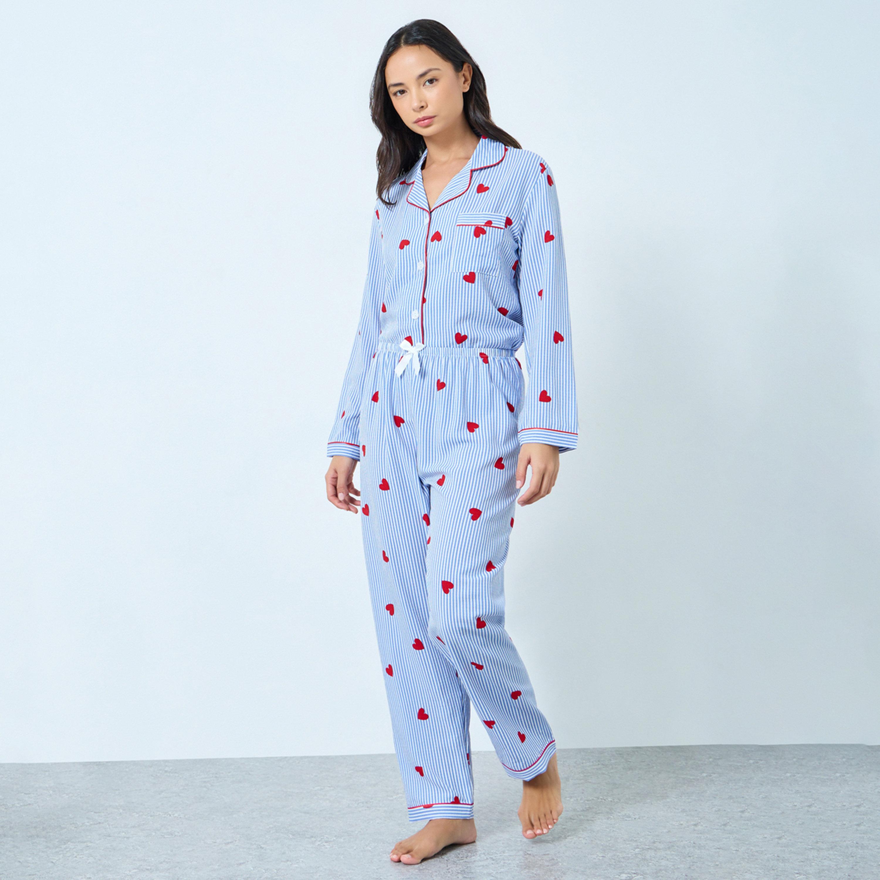 Take Two Blue Heart Striped Print Shirt and Pyjama Set-women-clothing-nightwear-pyjamas-longsets-image-1