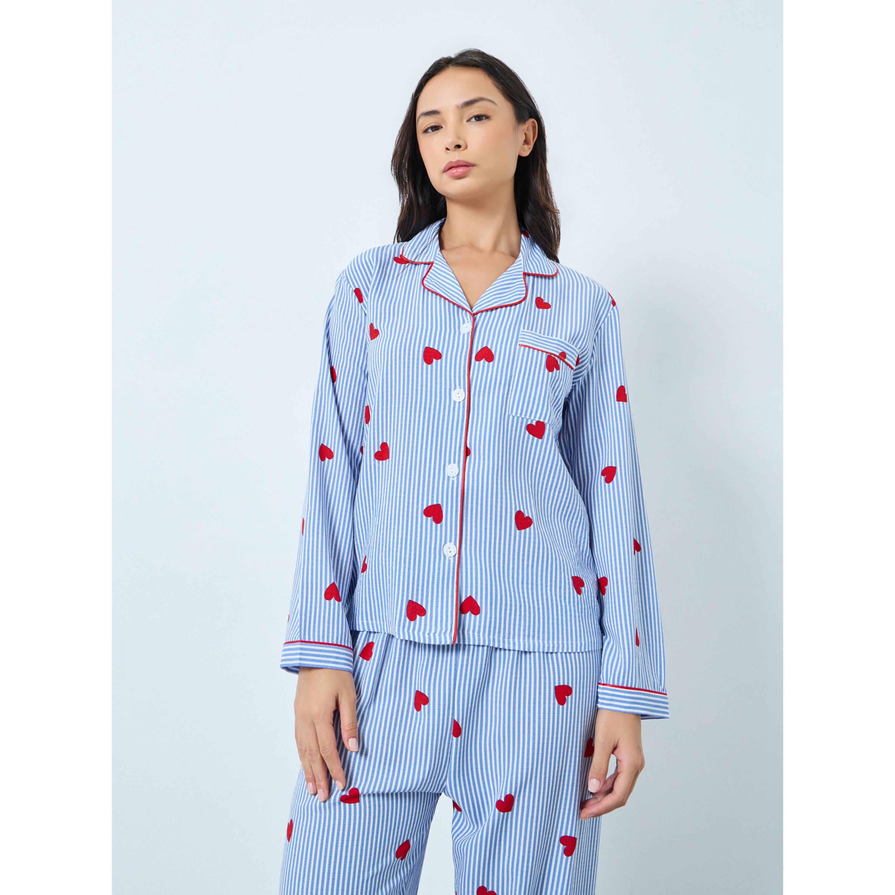 Take Two Blue Heart Striped Print Shirt and Pyjama Set-women-clothing-nightwear-pyjamas-longsets-image-2