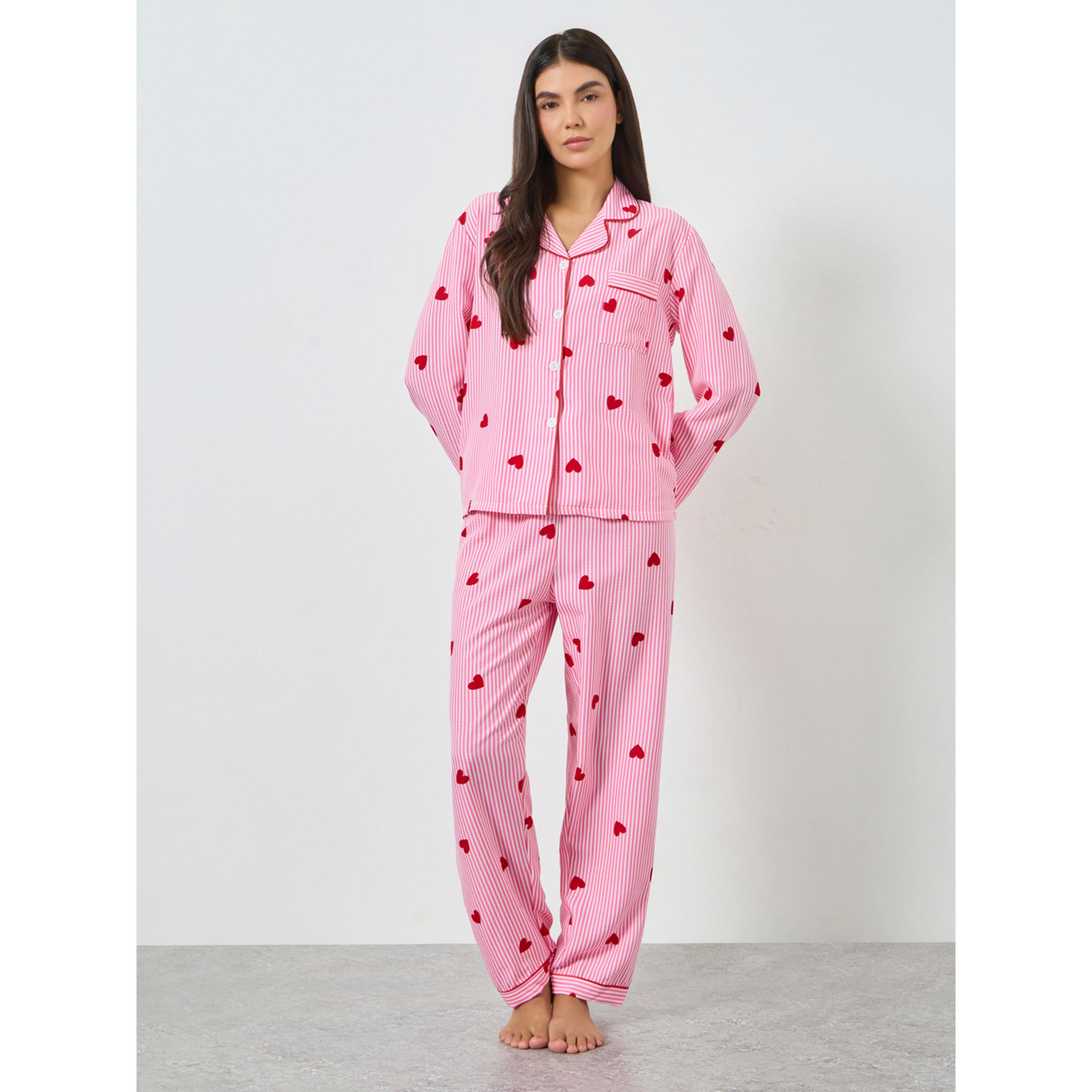 Take Two Pink Heart Striped Print Shirt and Pyjama Set-women-clothing-nightwear-pyjamas-longsets-image-1