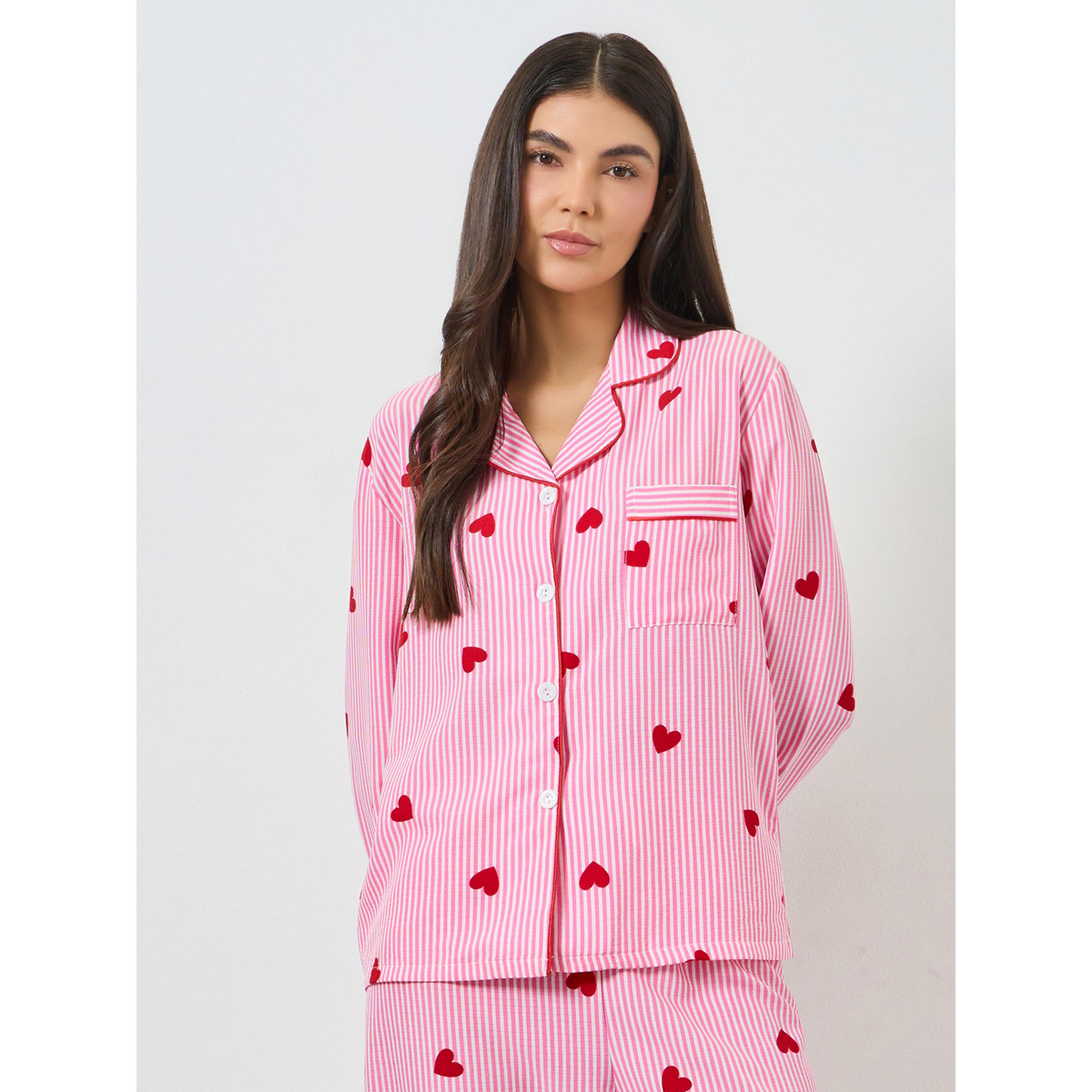 طقم بيجاما من قميص مخطط بطبعة قلب-women-clothing-nightwear-pyjamas-longsets-image-3