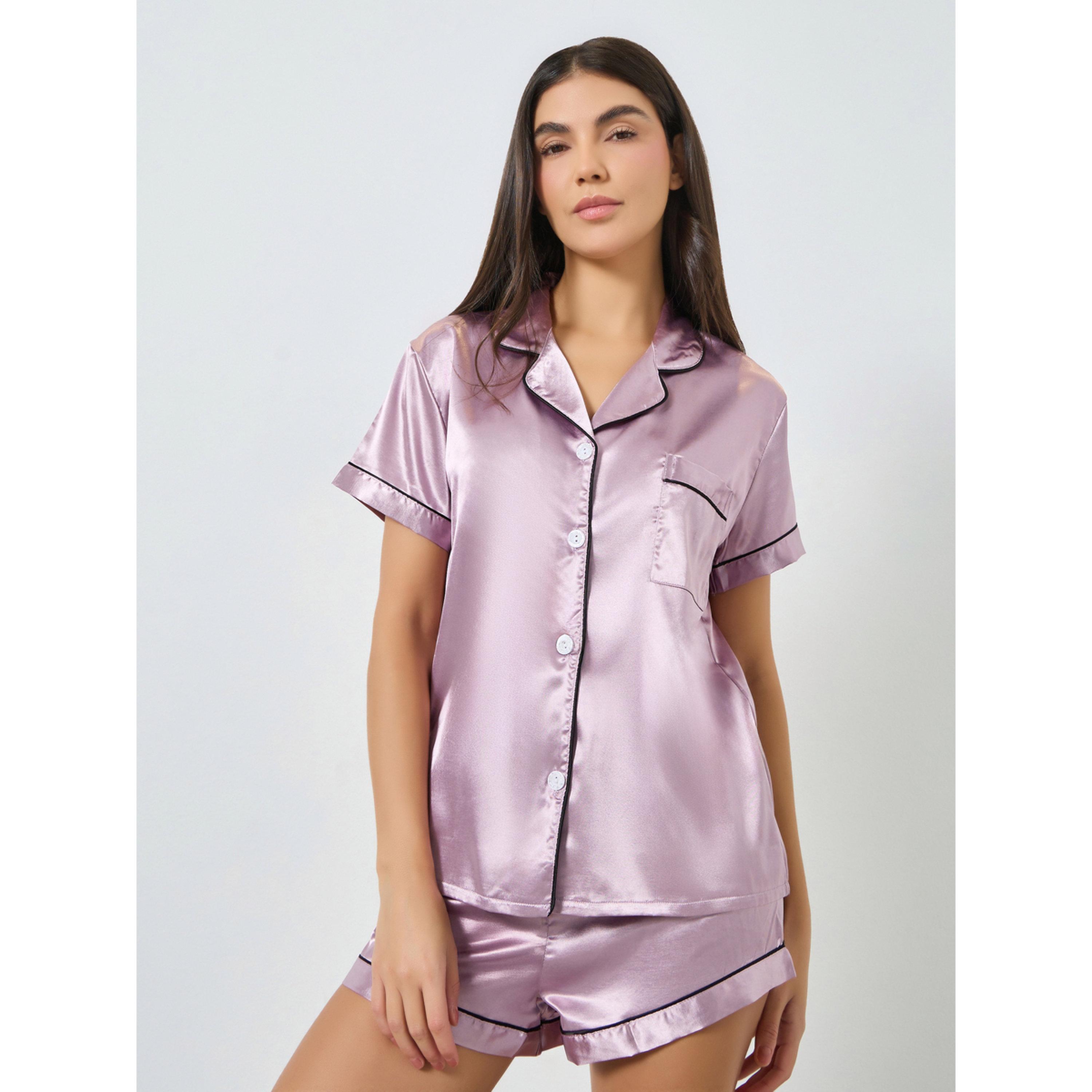 مجموعة من شورت وبلوزة سادة بتفاصيل حواف-women-clothing-nightwear-pyjamas-shortsets-image-5