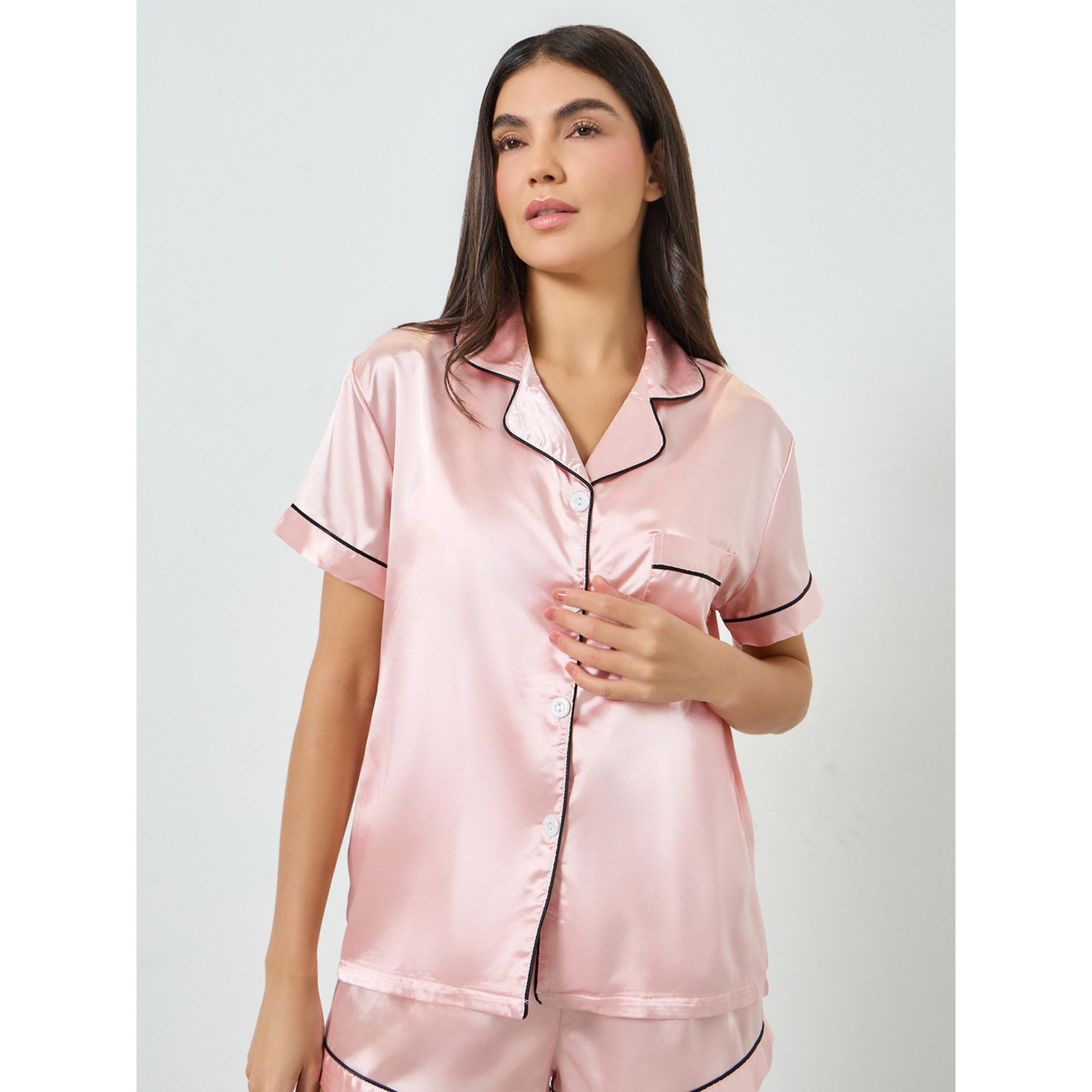 مجموعة من شورت وبلوزة سادة بتفاصيل حواف-women-clothing-nightwear-pyjamas-shortsets-image-4