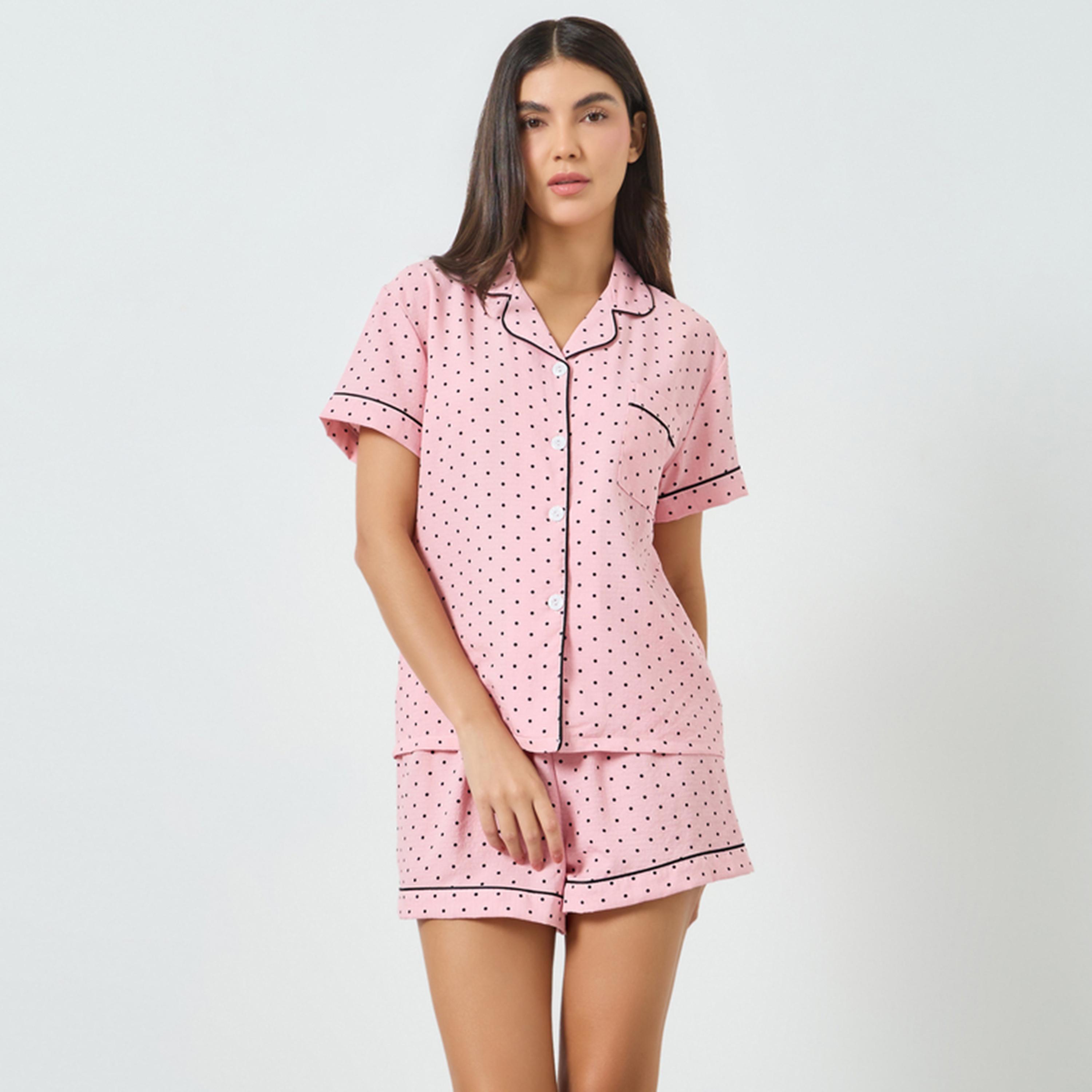 مجموعة من شورت وقميص بأزرار وطبعة نقاط بولكا-women-clothing-nightwear-pyjamas-shortsets-image-5