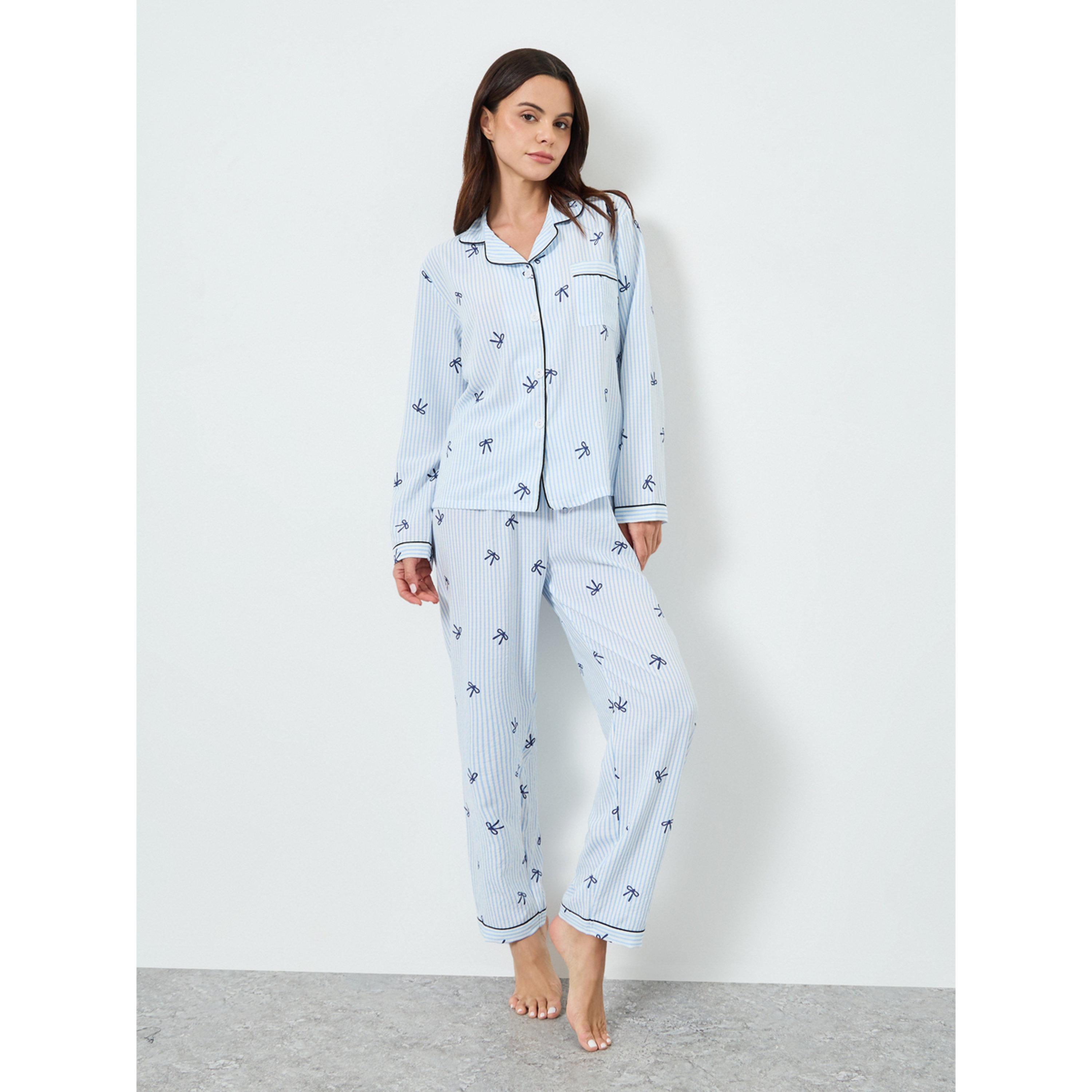 Take Two Light Blue Striped Bow Print Shirt and Pyjama Set-women-clothing-nightwear-pyjamas-longsets-image-1