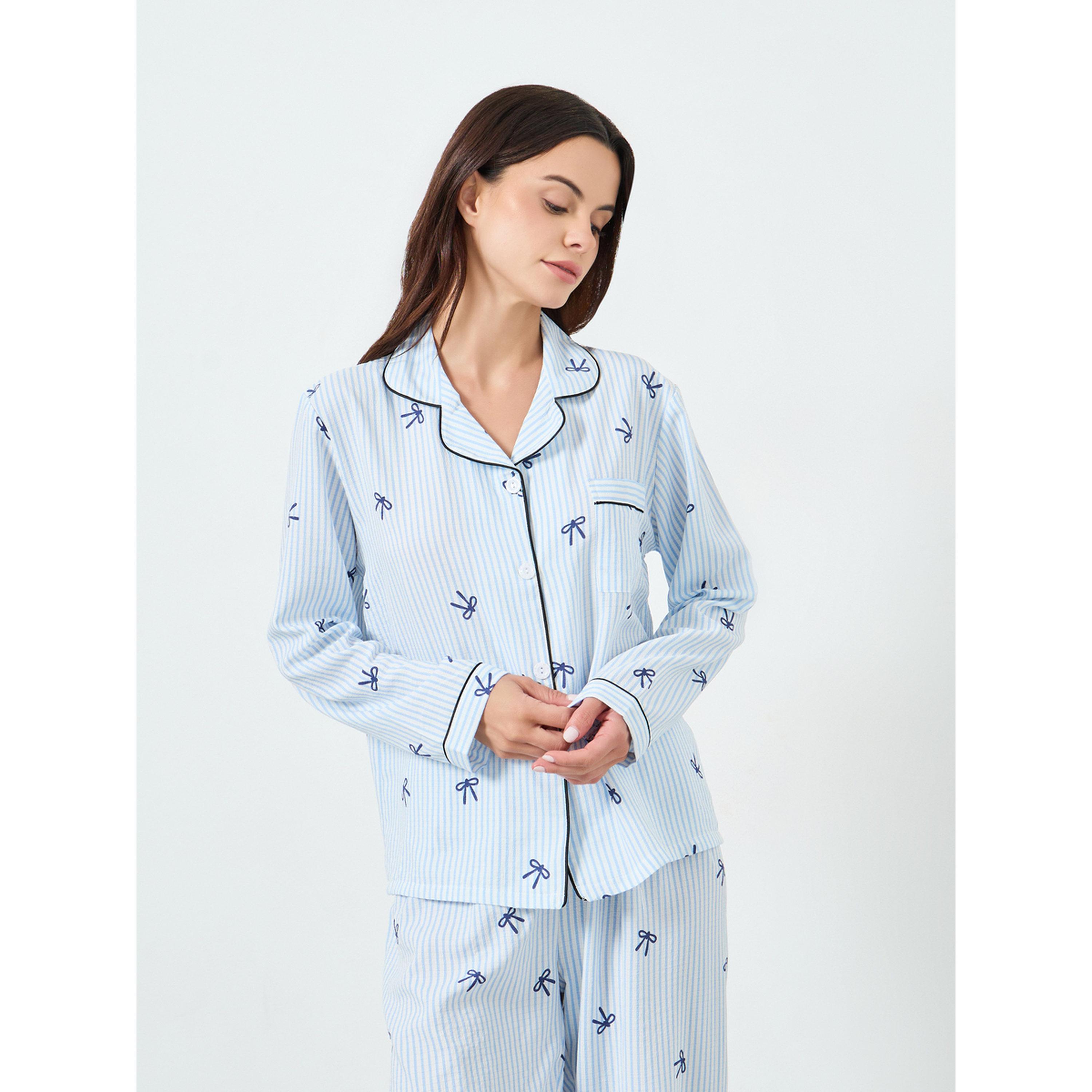 Take Two Light Blue Striped Bow Print Shirt and Pyjama Set-women-clothing-nightwear-pyjamas-longsets-image-2