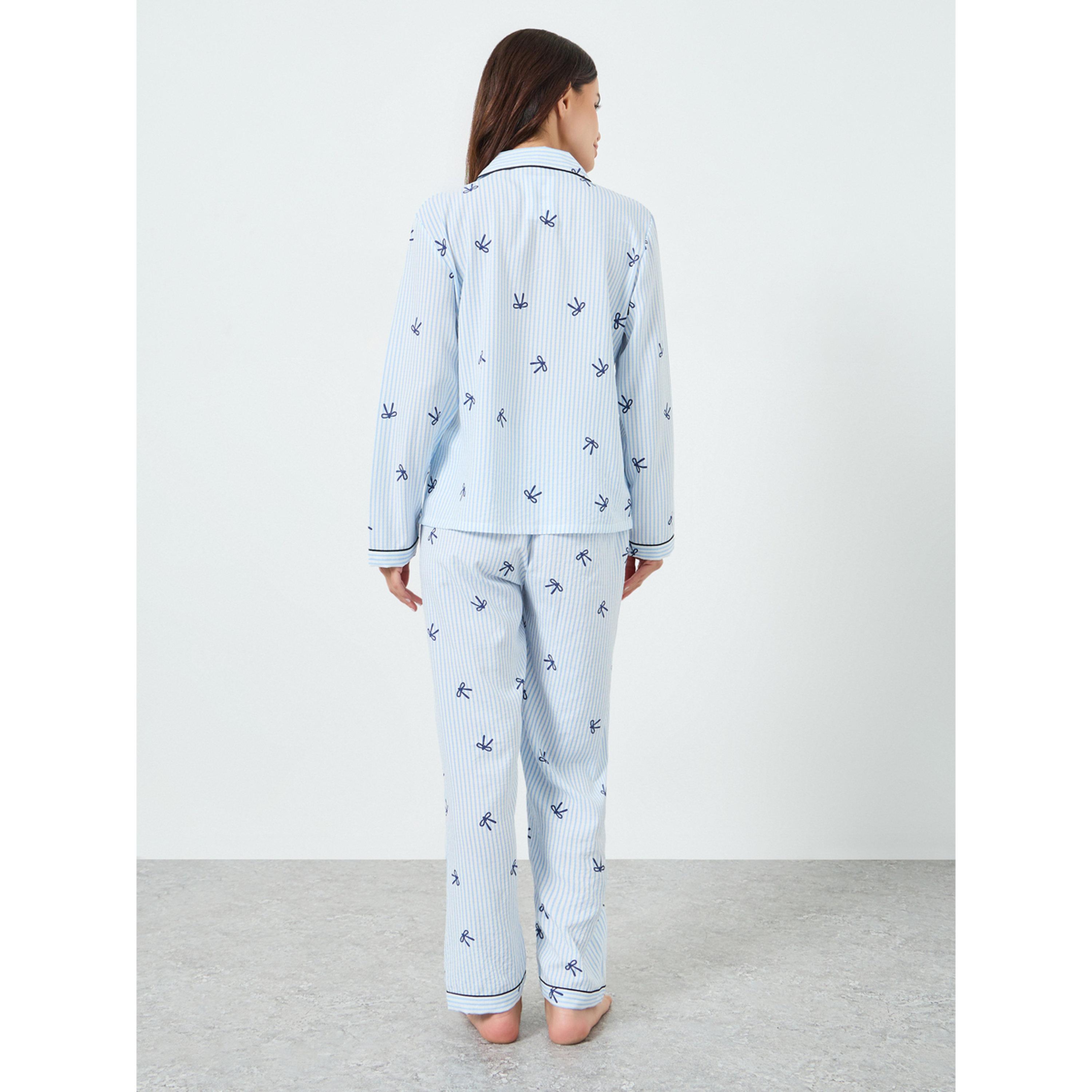 Take Two Light Blue Striped Bow Print Shirt and Pyjama Set-women-clothing-nightwear-pyjamas-longsets-image-3