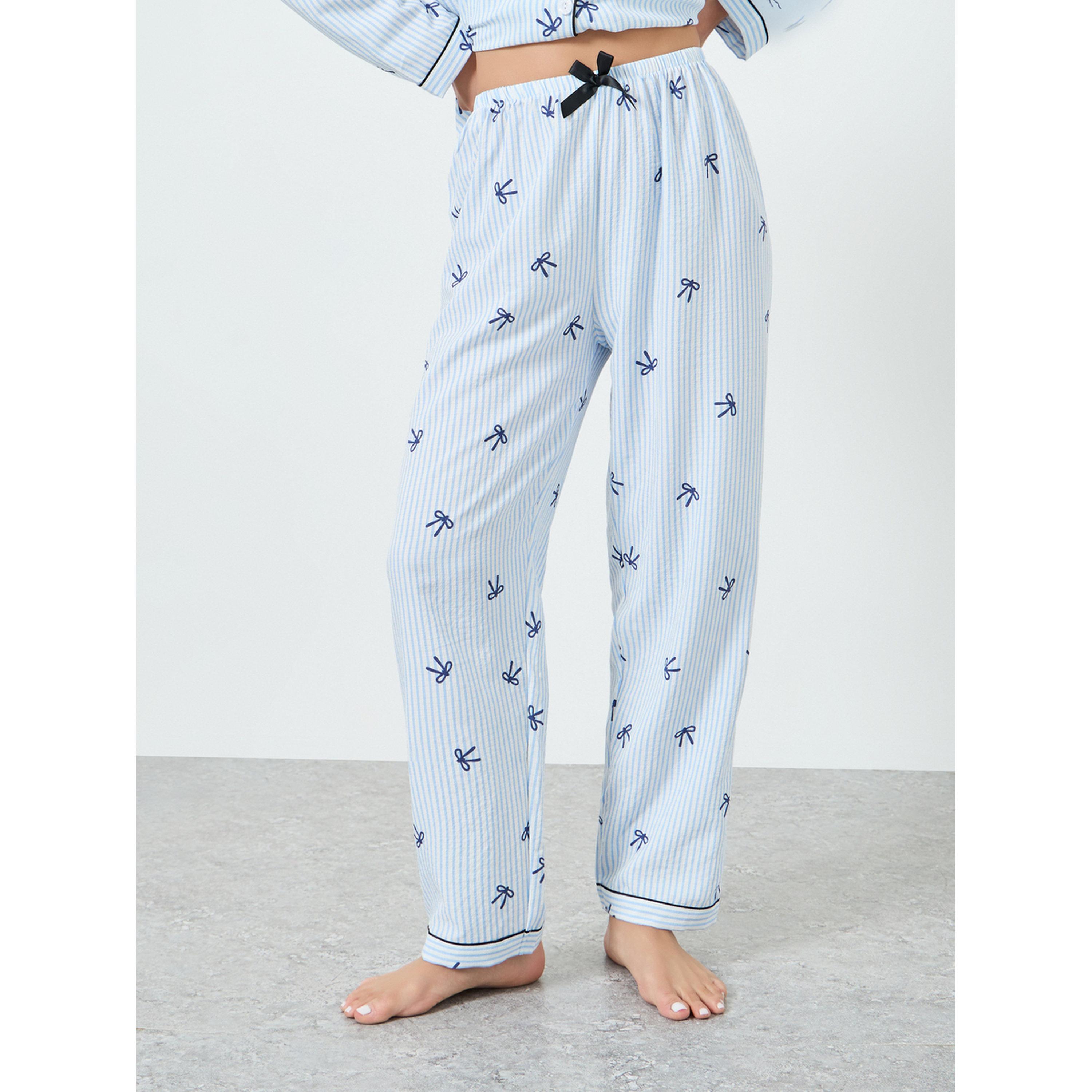 Take Two Light Blue Striped Bow Print Shirt and Pyjama Set-women-clothing-nightwear-pyjamas-longsets-image-4