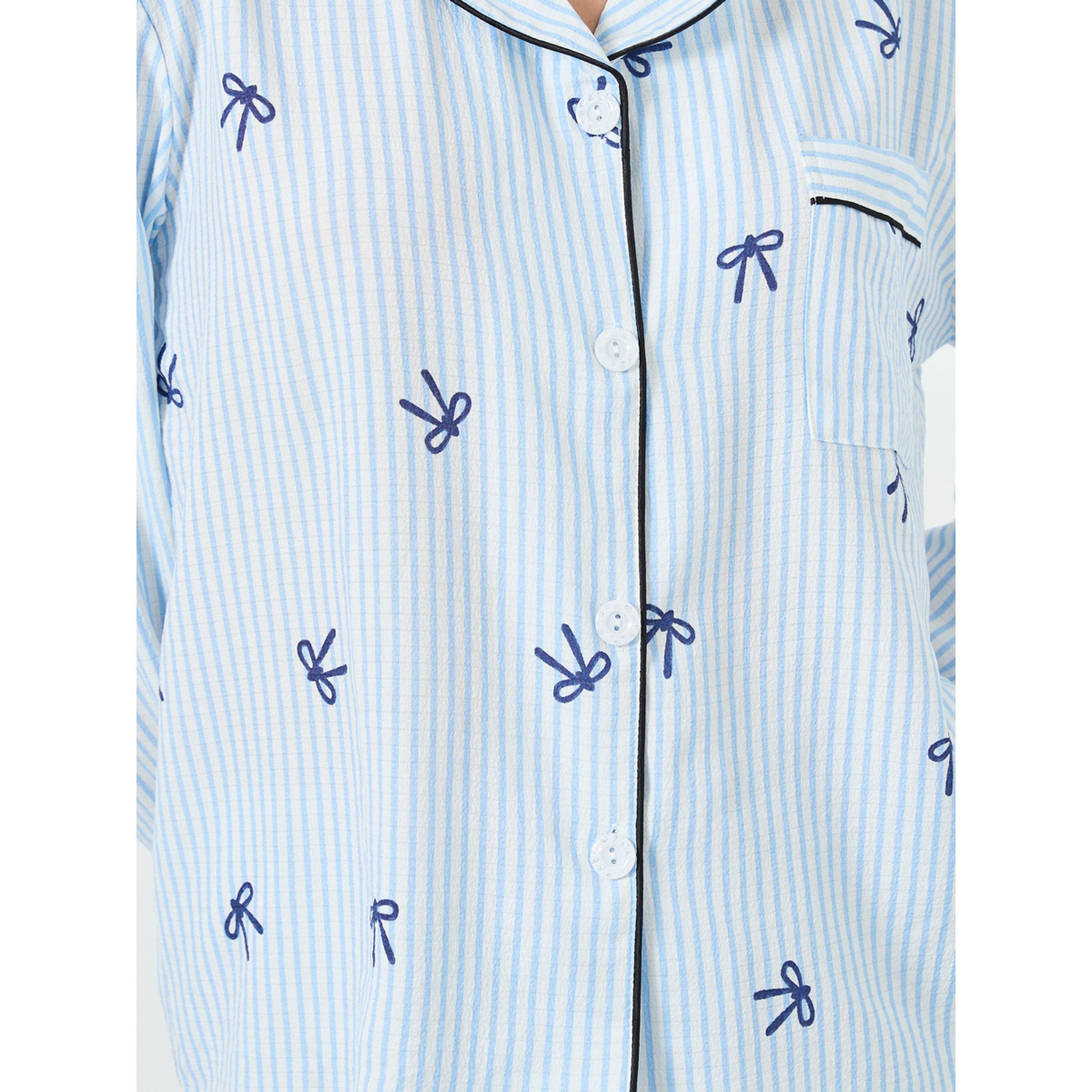 Take Two Light Blue Striped Bow Print Shirt and Pyjama Set-women-clothing-nightwear-pyjamas-longsets-image-5