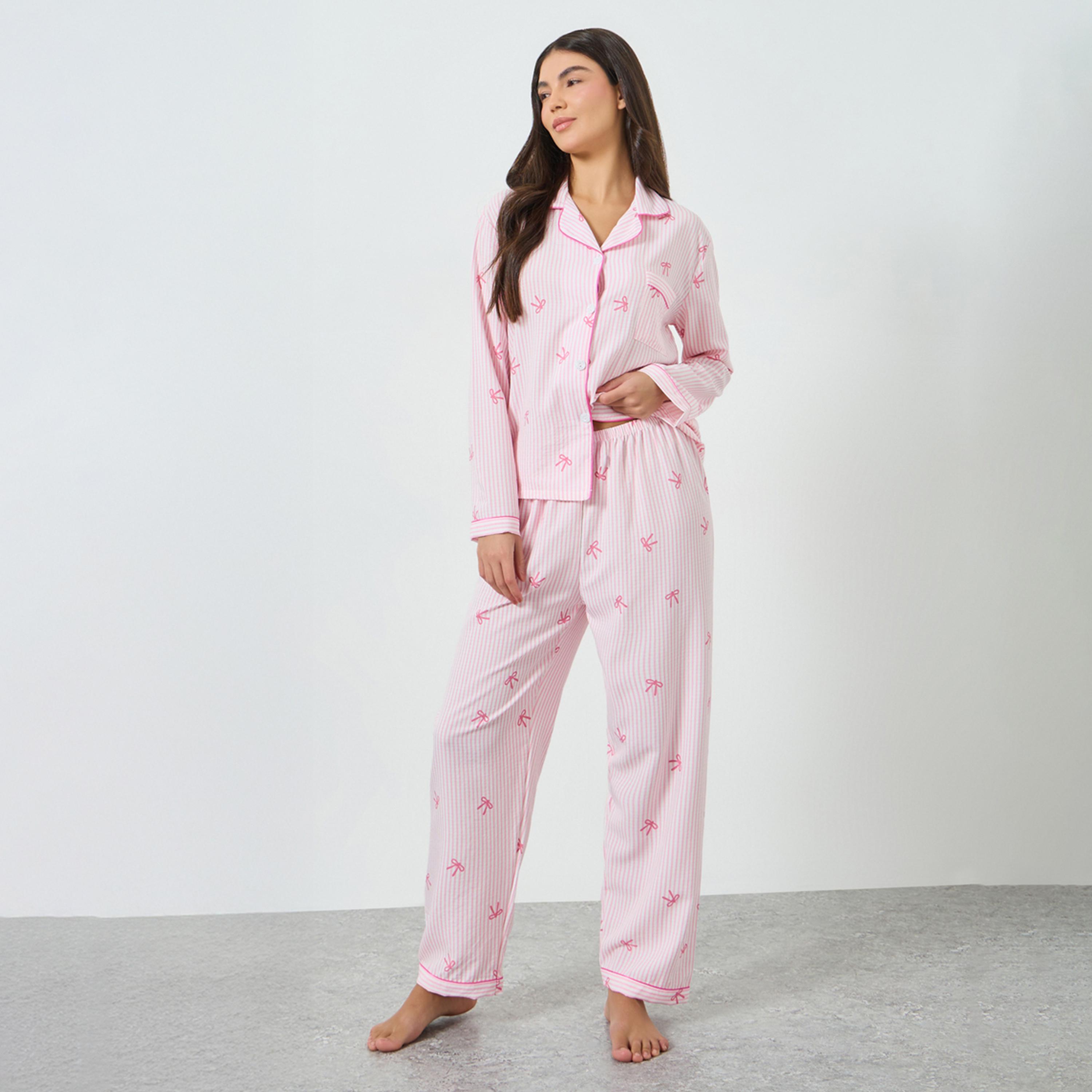 Take Two Pink Striped Bow Print Shirt and Pyjama Set-women-clothing-nightwear-pyjamas-longsets-image-1