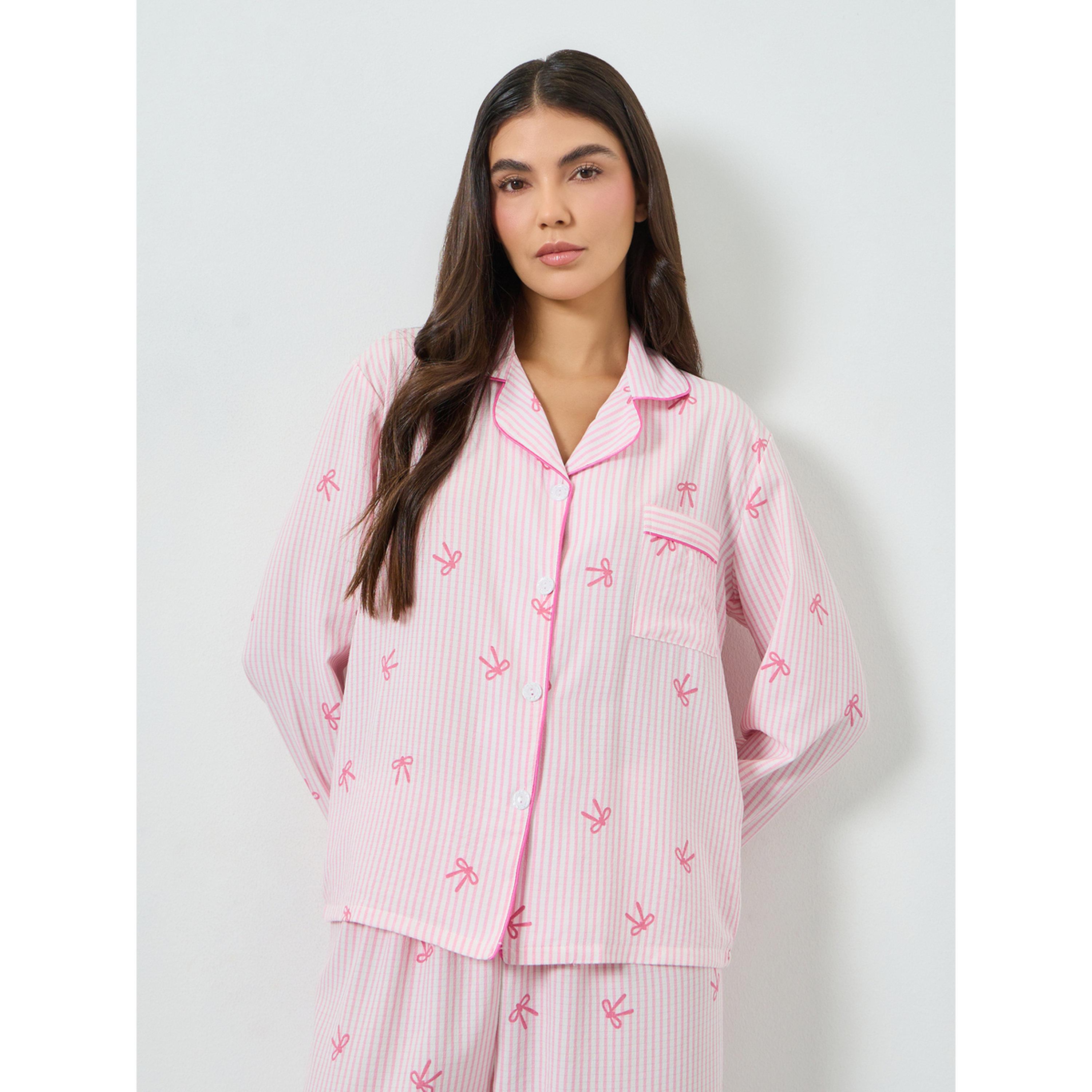 Take Two Pink Striped Bow Print Shirt and Pyjama Set-women-clothing-nightwear-pyjamas-longsets-image-2