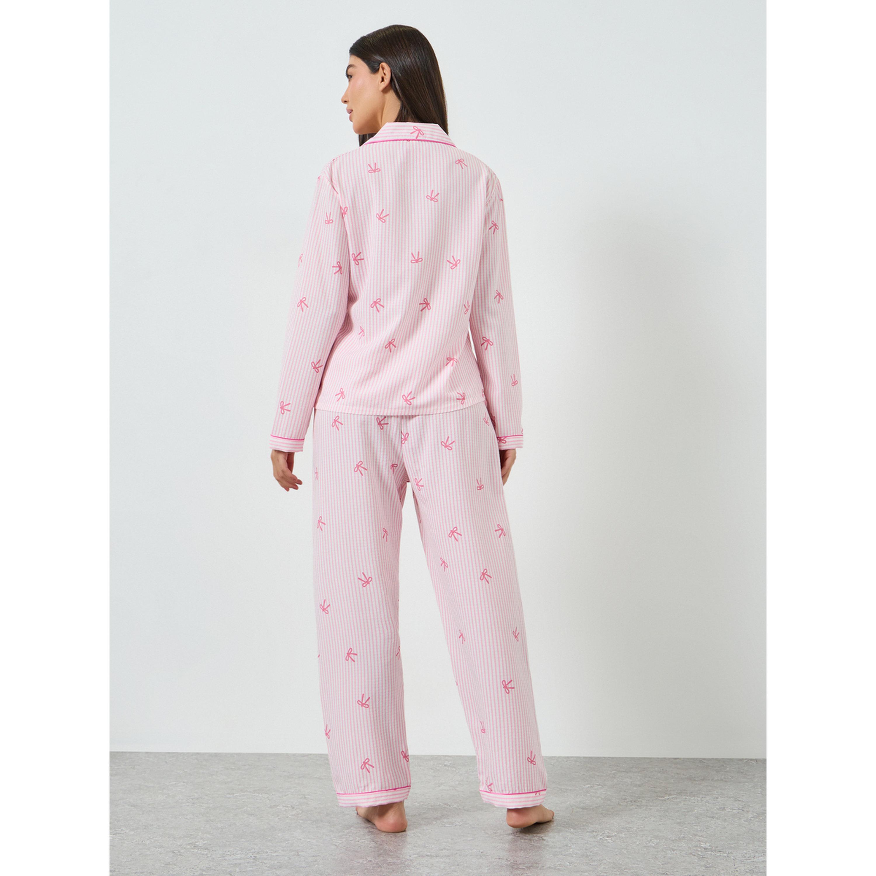Take Two Pink Striped Bow Print Shirt and Pyjama Set-women-clothing-nightwear-pyjamas-longsets-image-3