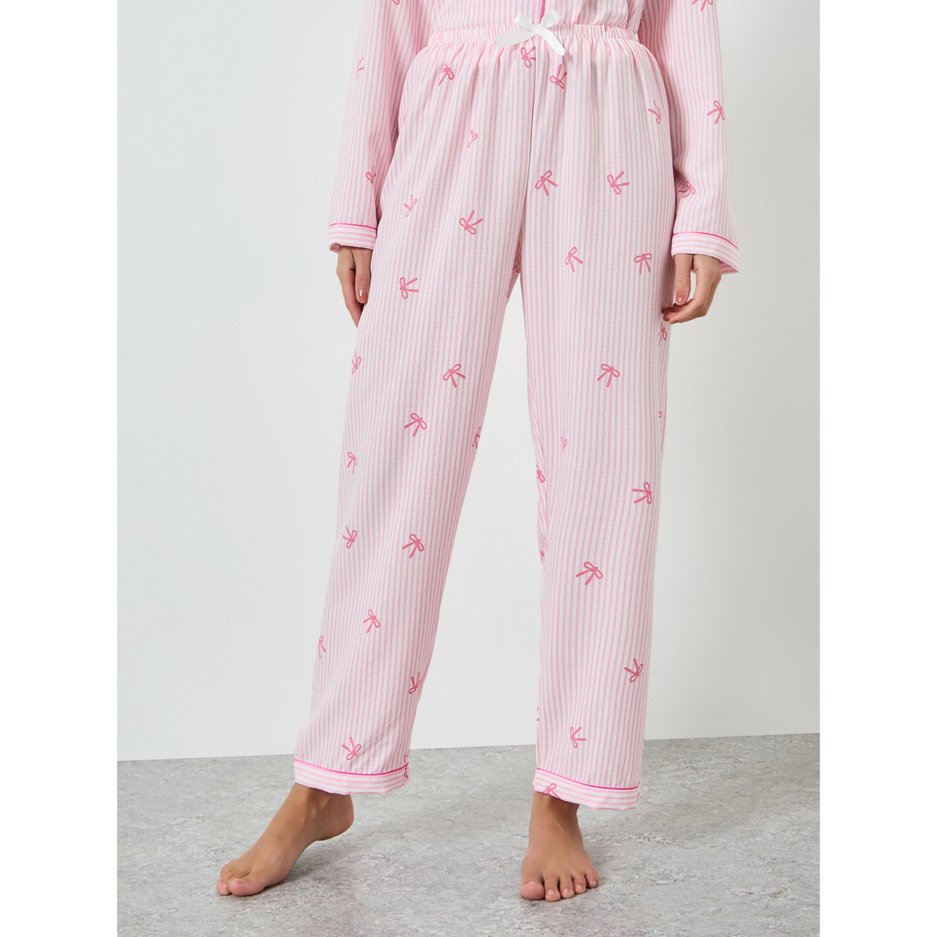 Take Two Pink Striped Bow Print Shirt and Pyjama Set-women-clothing-nightwear-pyjamas-longsets-image-4