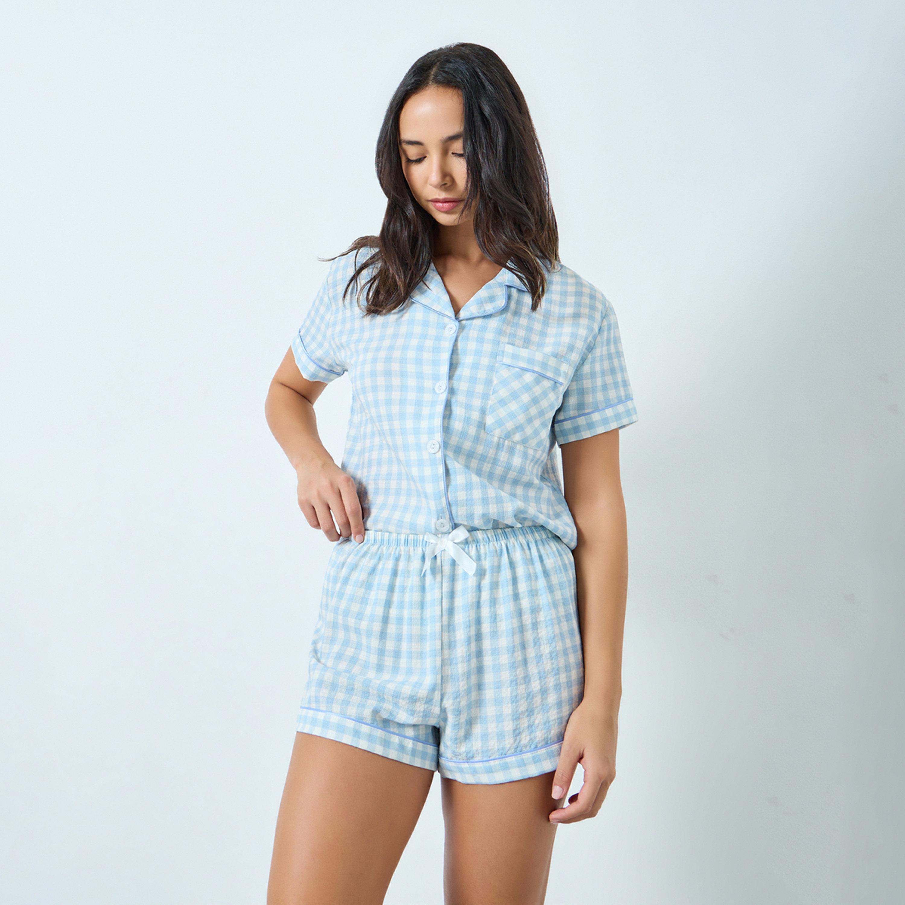 مجموعة من شورت وبلوزة كاروهات صغيرة-women-clothing-nightwear-pyjamas-shortsets-image-6