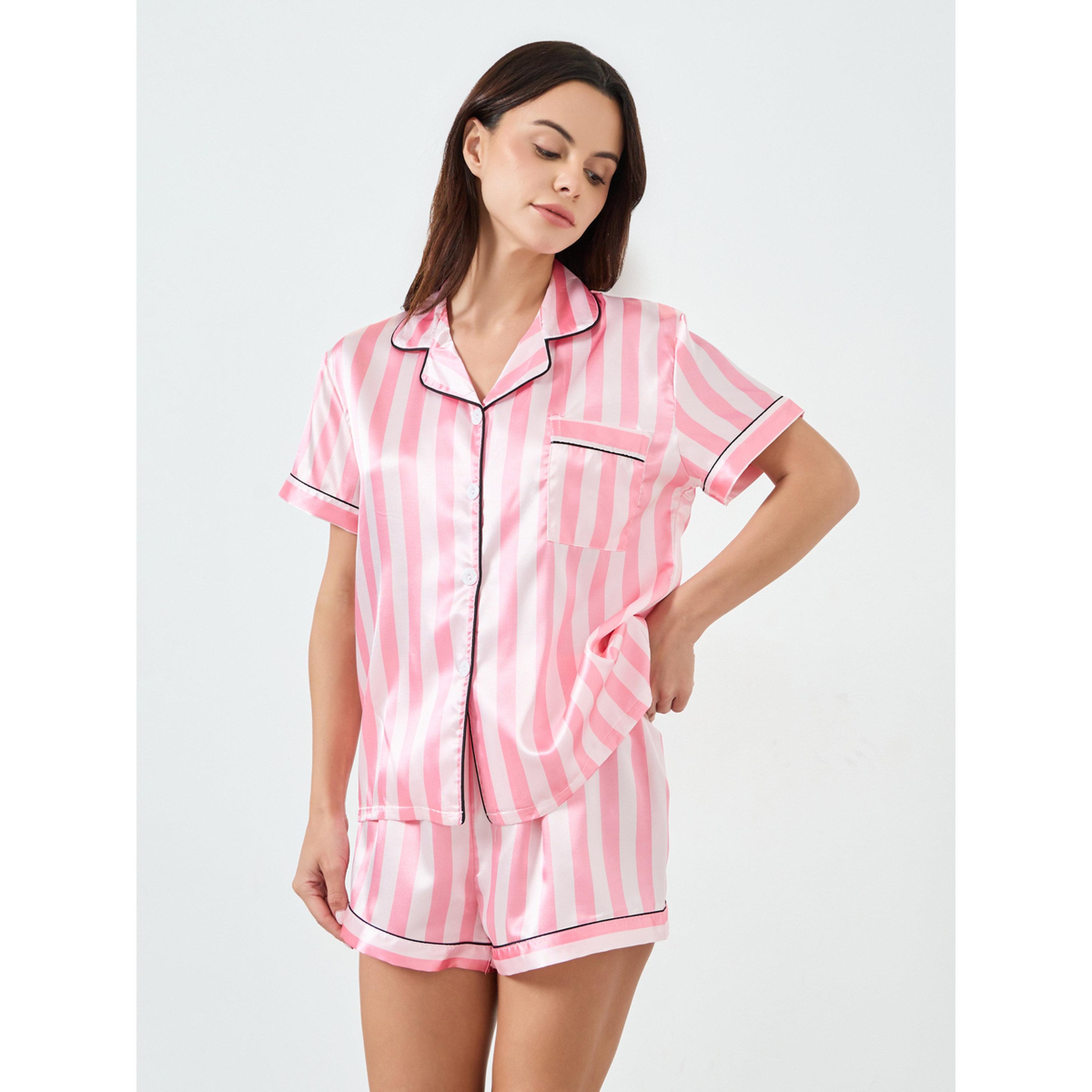 مجموعة من شورت وبلوزة مخططة بحواف-women-clothing-nightwear-pyjamas-shortsets-image-1