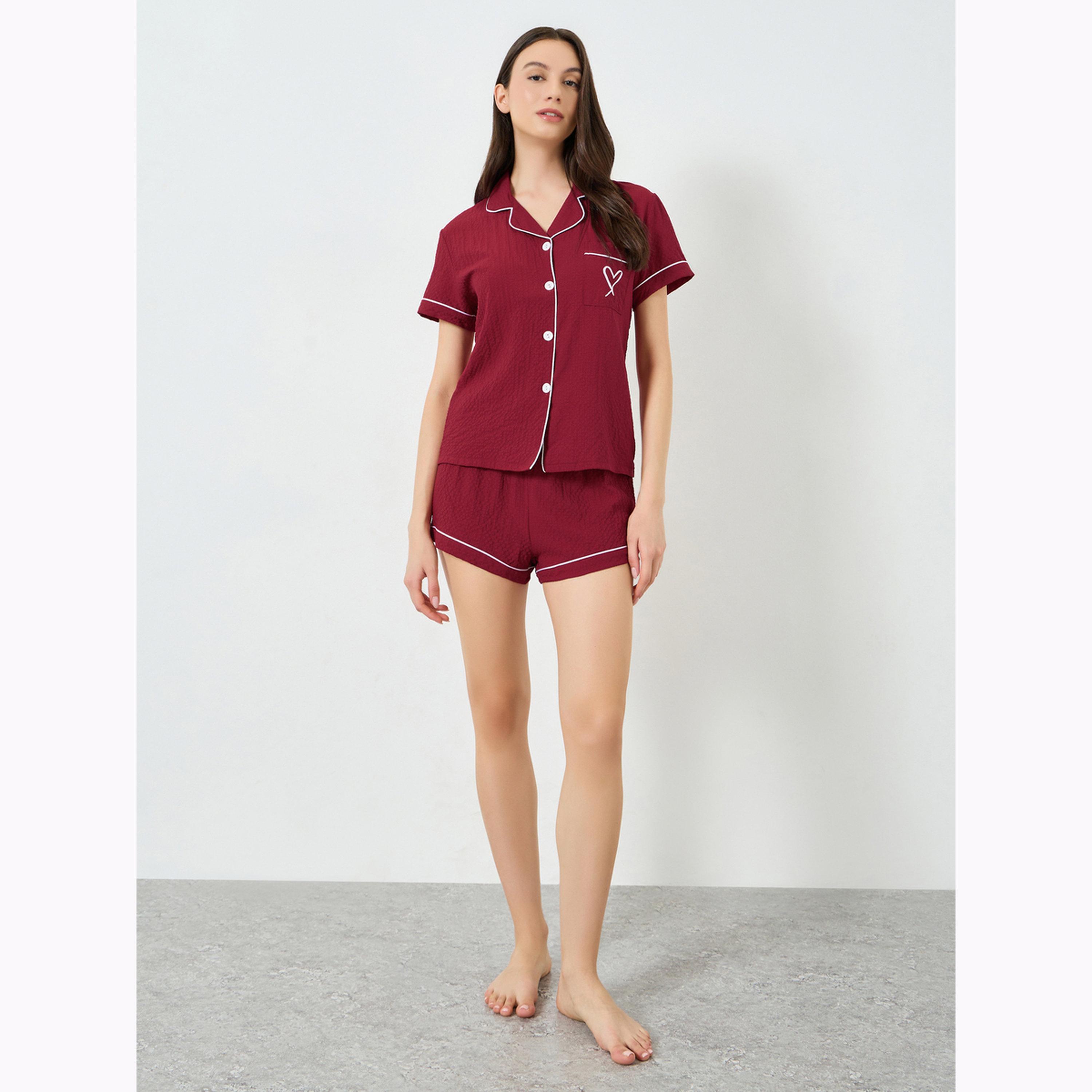 طقم بيجاما من شورت وبلوزة بحواف متباينة-women-clothing-nightwear-pyjamas-shortsets-image-5