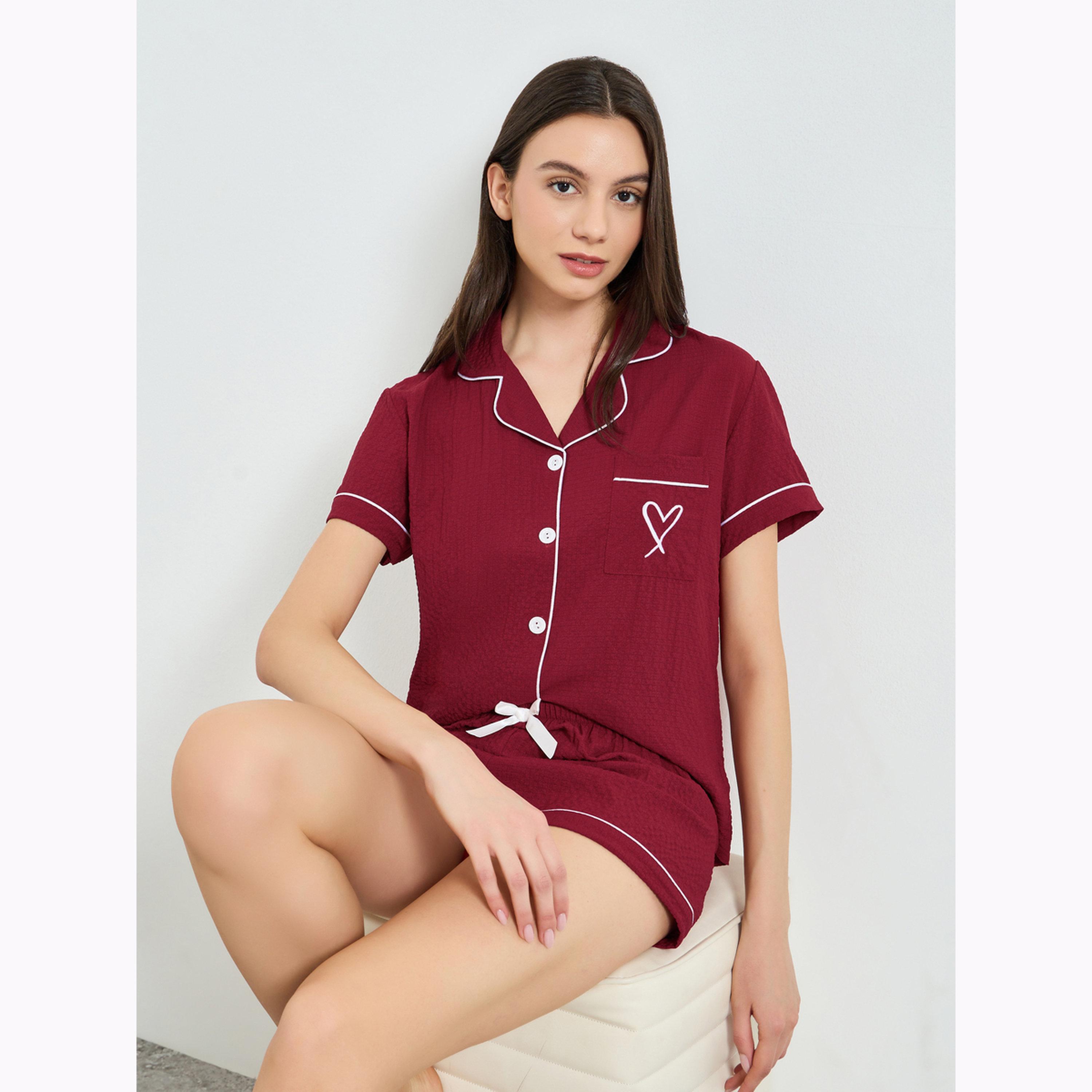 طقم بيجاما من شورت وبلوزة بحواف متباينة-women-clothing-nightwear-pyjamas-shortsets-image-3