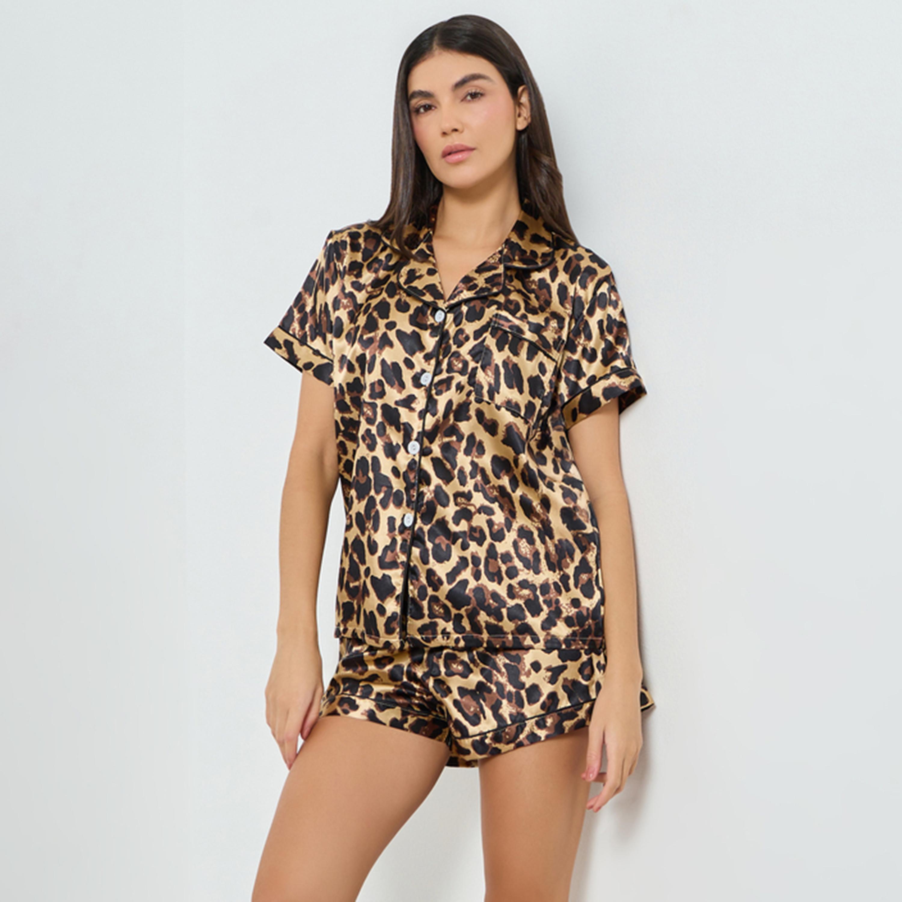 Take Two Leopard Print Buttoned Shirt and Shorts Set-women-clothing-nightwear-pyjamas-shortsets-image-1