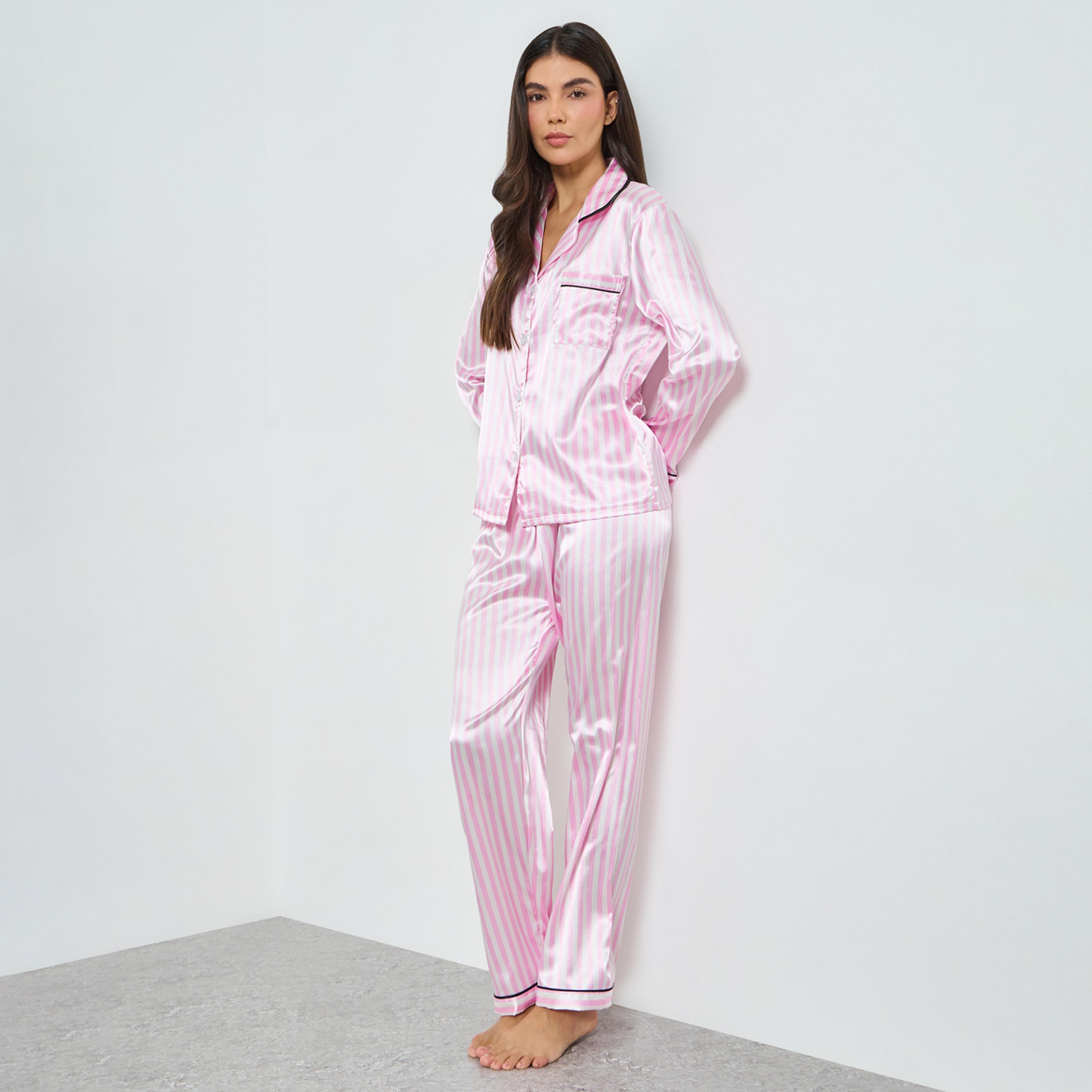 Take Two Pink Striped Satin Shirt and Pyjama Set-women-clothing-nightwear-pyjamas-longsets-image-1