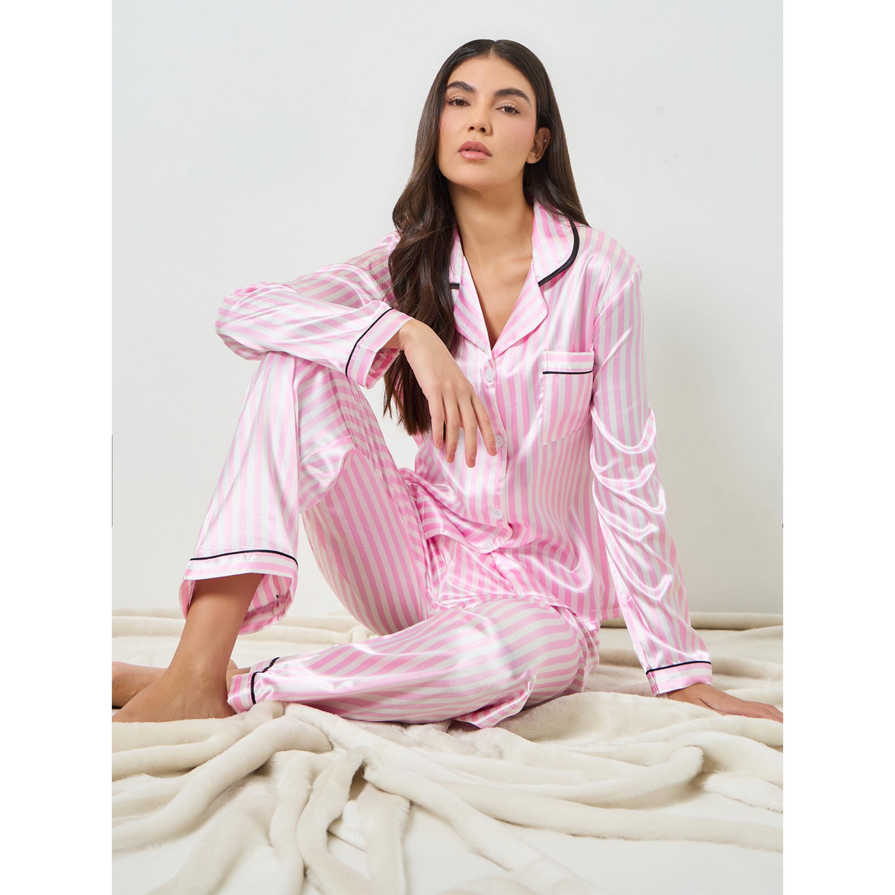 Take Two Pink Striped Satin Shirt and Pyjama Set-women-clothing-nightwear-pyjamas-longsets-image-2