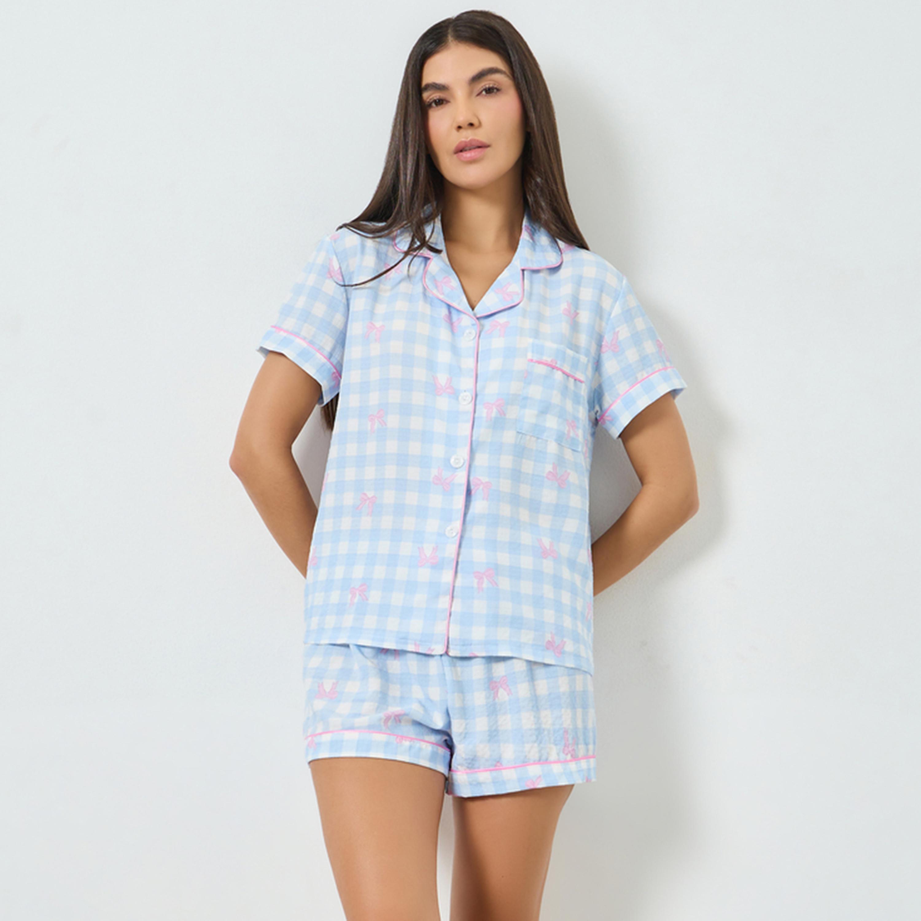 مجموعة من شورت وبلوزة بمربعات وعقدة-women-clothing-nightwear-pyjamas-shortsets-image-5