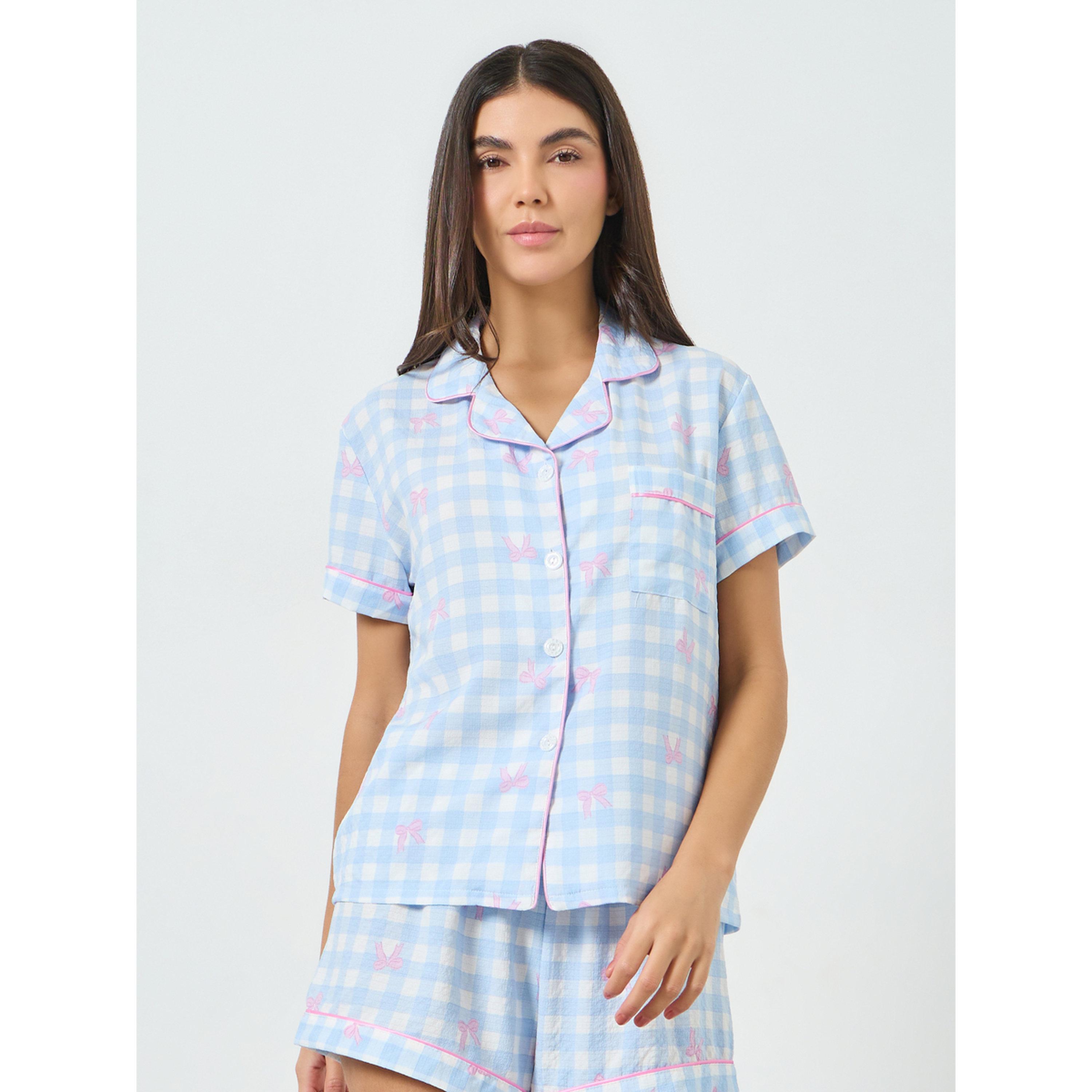 مجموعة من شورت وبلوزة بمربعات وعقدة-women-clothing-nightwear-pyjamas-shortsets-image-4