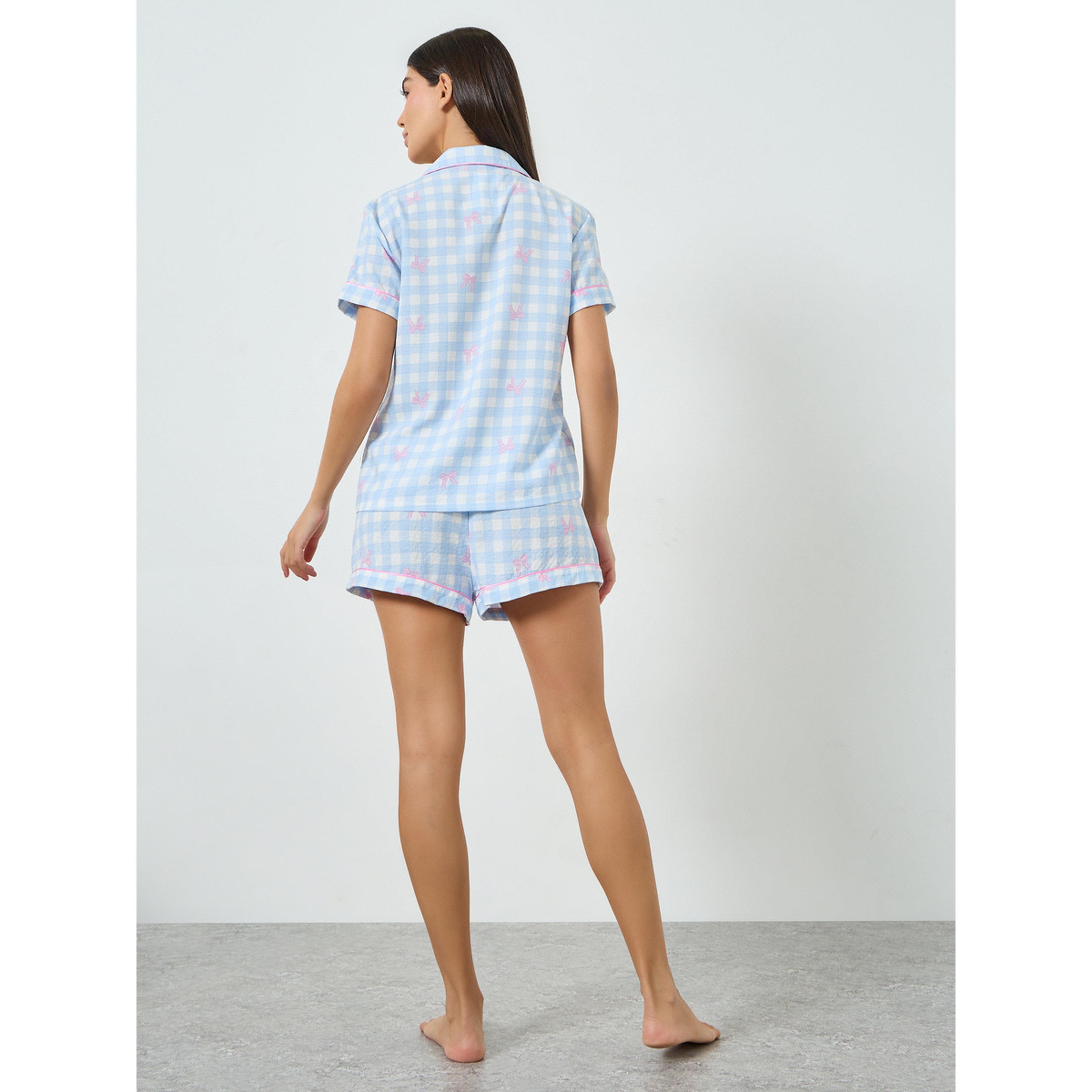 مجموعة من شورت وبلوزة بمربعات وعقدة-women-clothing-nightwear-pyjamas-shortsets-image-3