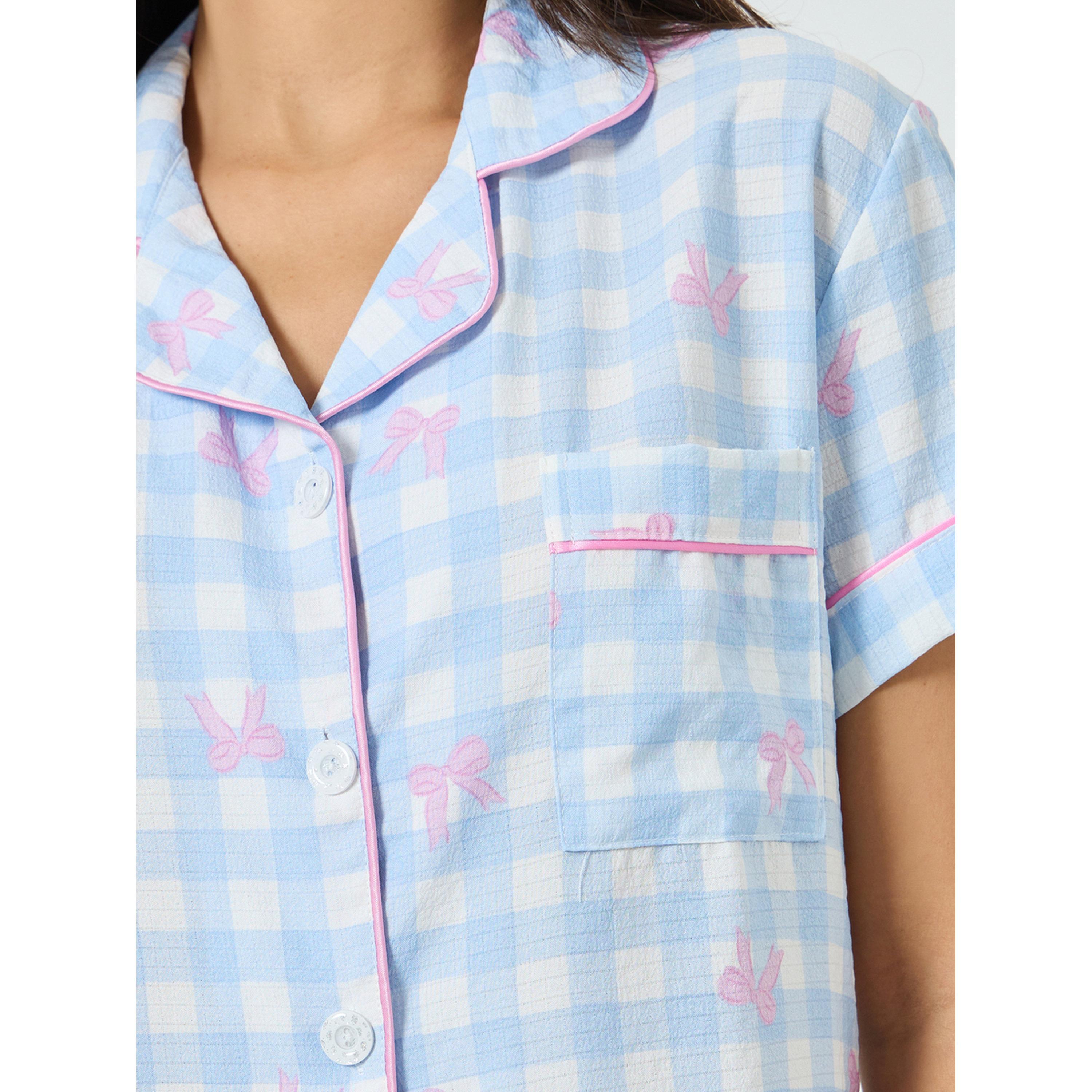 مجموعة من شورت وبلوزة بمربعات وعقدة-women-clothing-nightwear-pyjamas-shortsets-image-1