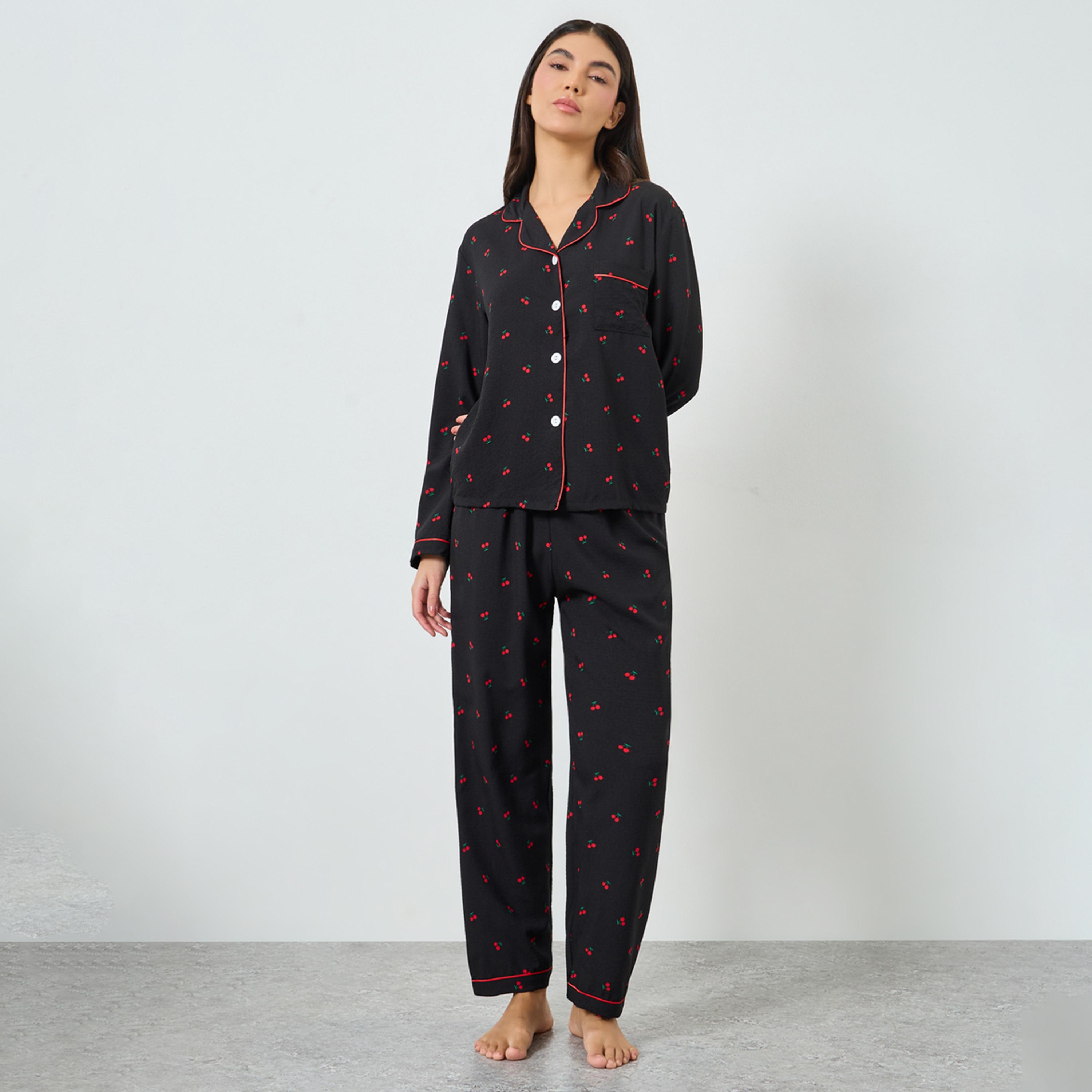طقم بيجاما من بنطال وبلوزة بطبعة كرز-women-clothing-nightwear-pyjamas-longsets-image-1