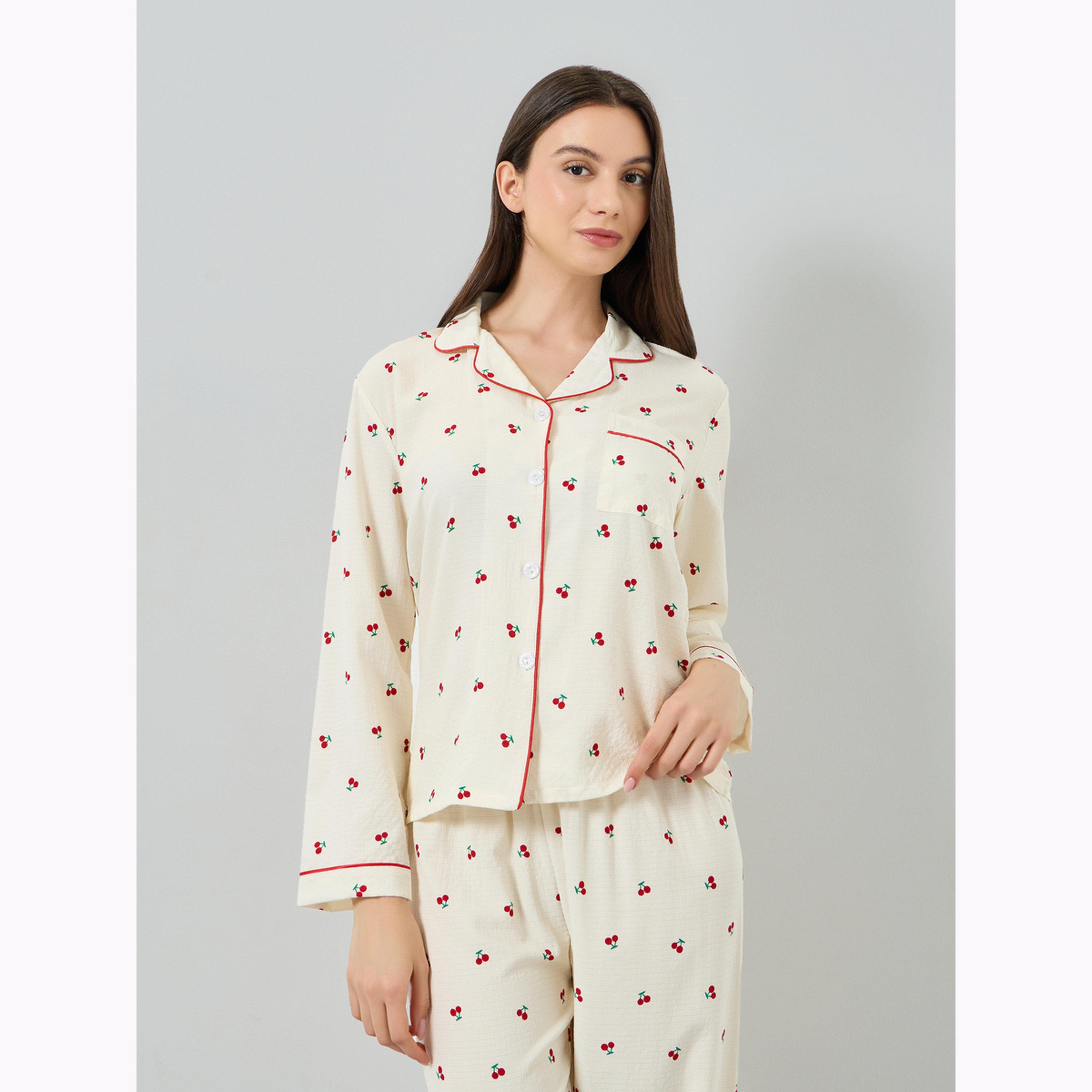 Take Two Beige Cherry Print Long Sleeve Shirt and Pyjama Set-women-clothing-nightwear-pyjamas-longsets-image-2
