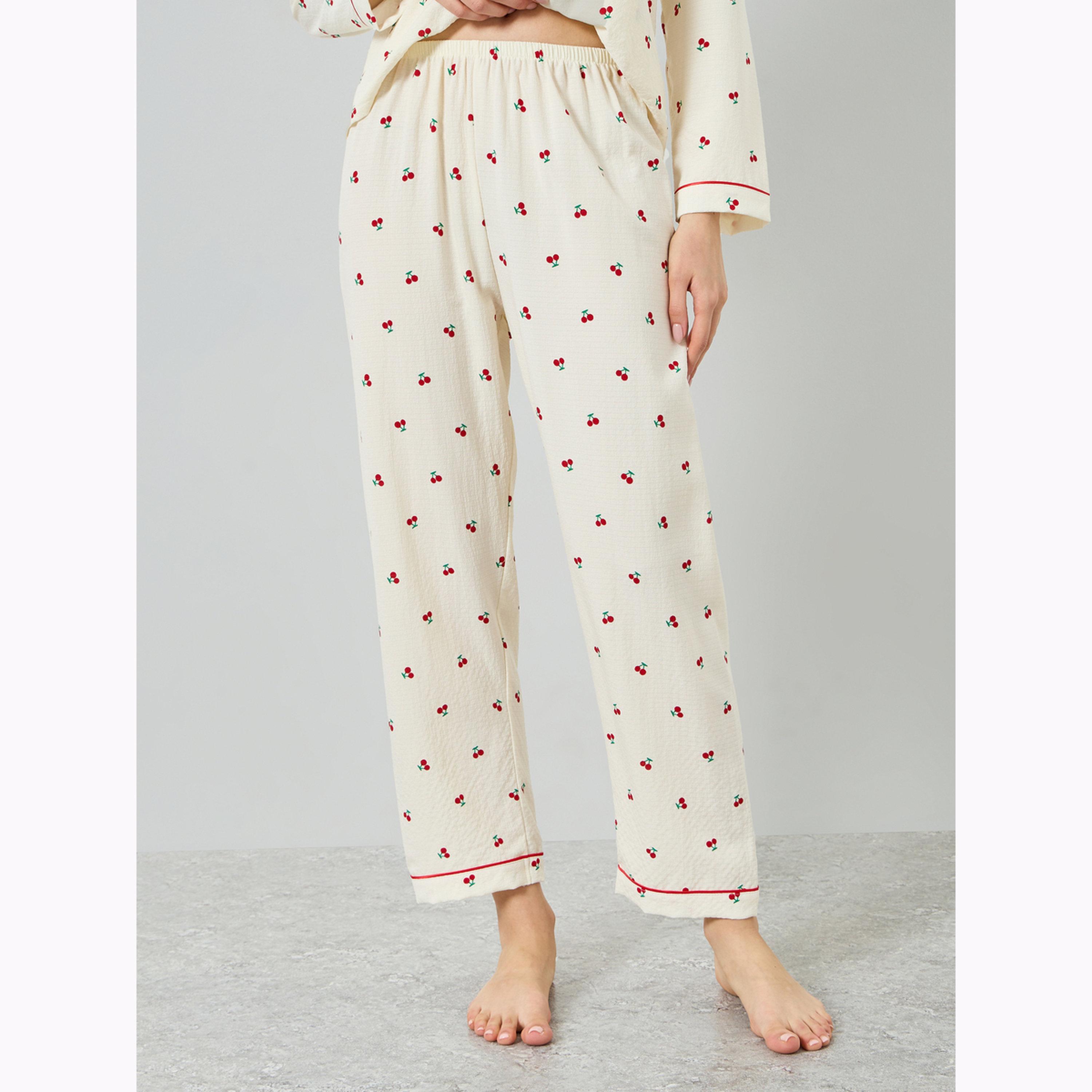 طقم بيجاما من بنطال وبلوزة بأكمام طويلة وطبعة كرز-women-clothing-nightwear-pyjamas-longsets-image-4