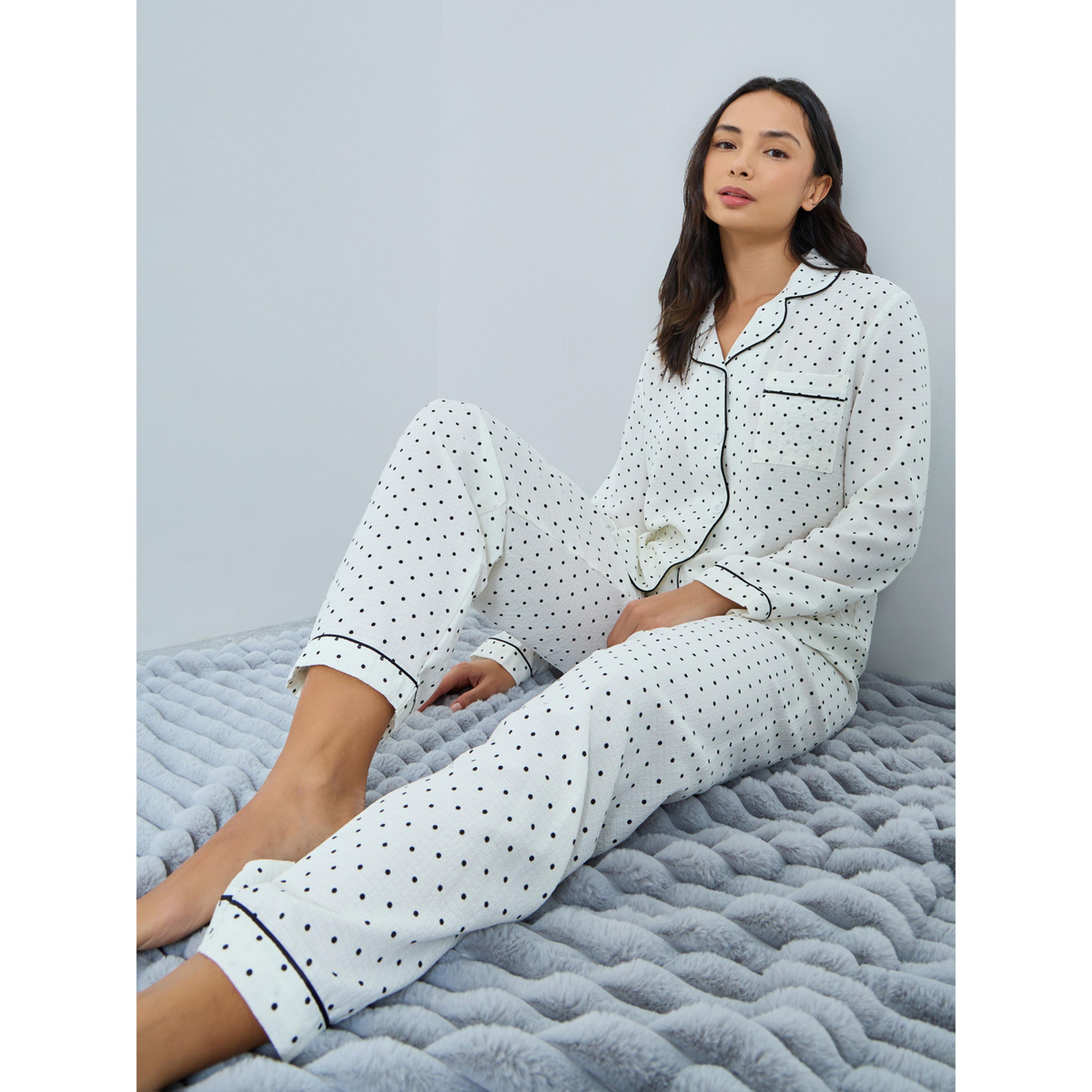 Take Two White Polka Dot Print Piped Shirt and Pyjama Set-women-clothing-nightwear-pyjamas-longsets-image-2