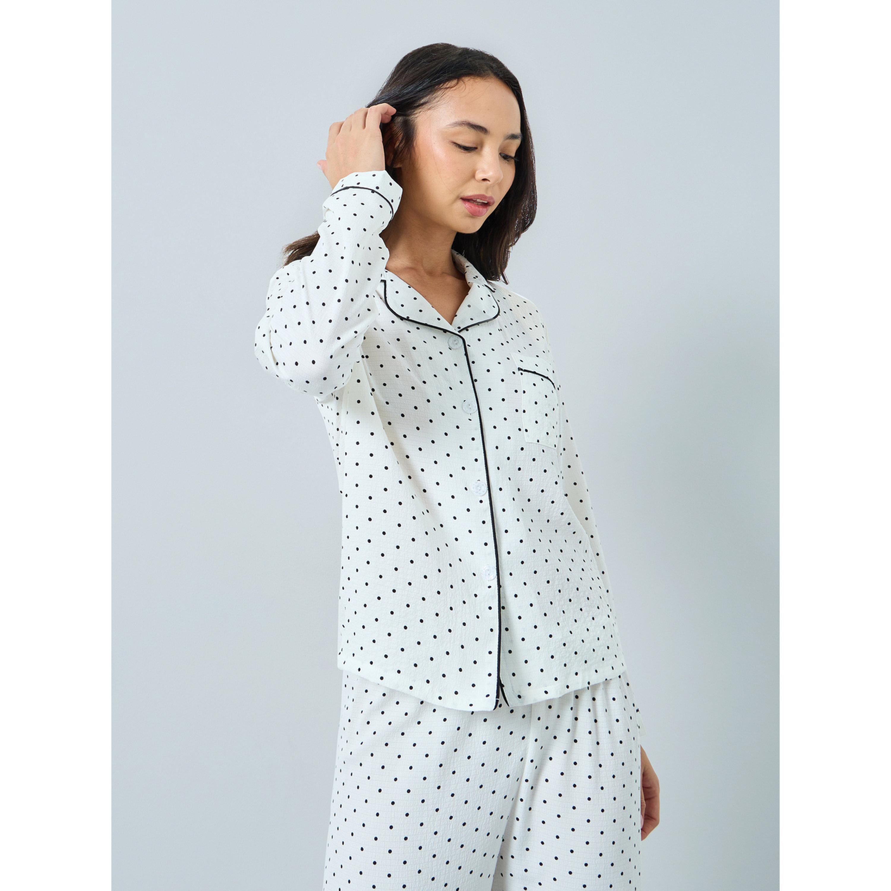 طقم بيجاما من بنطال وبلوزة مطوية بتفاصيل أنابيب وطبعة منقطة-women-clothing-nightwear-pyjamas-longsets-image-3