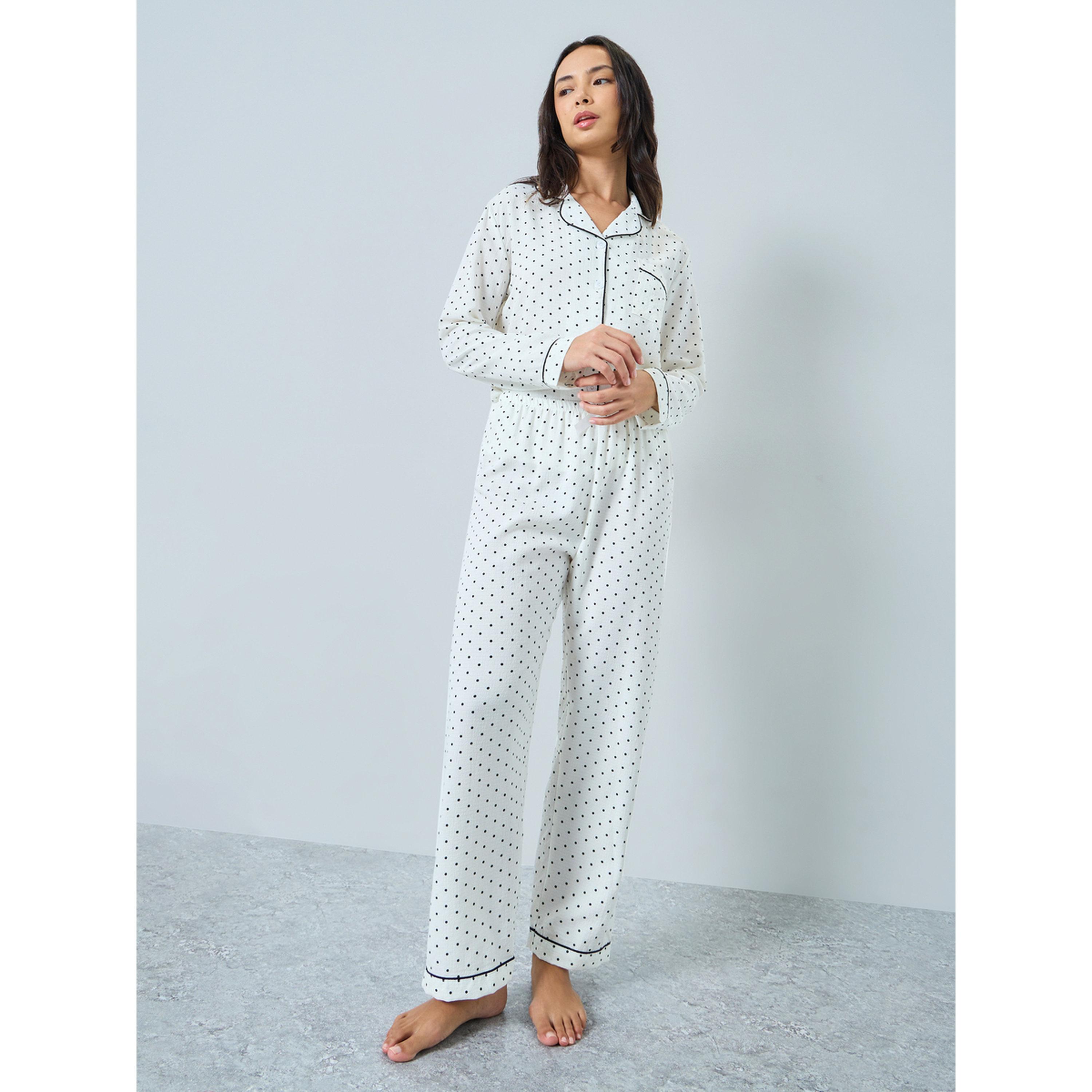 Take Two White Polka Dot Print Piped Shirt and Pyjama Set-women-clothing-nightwear-pyjamas-longsets-image-4