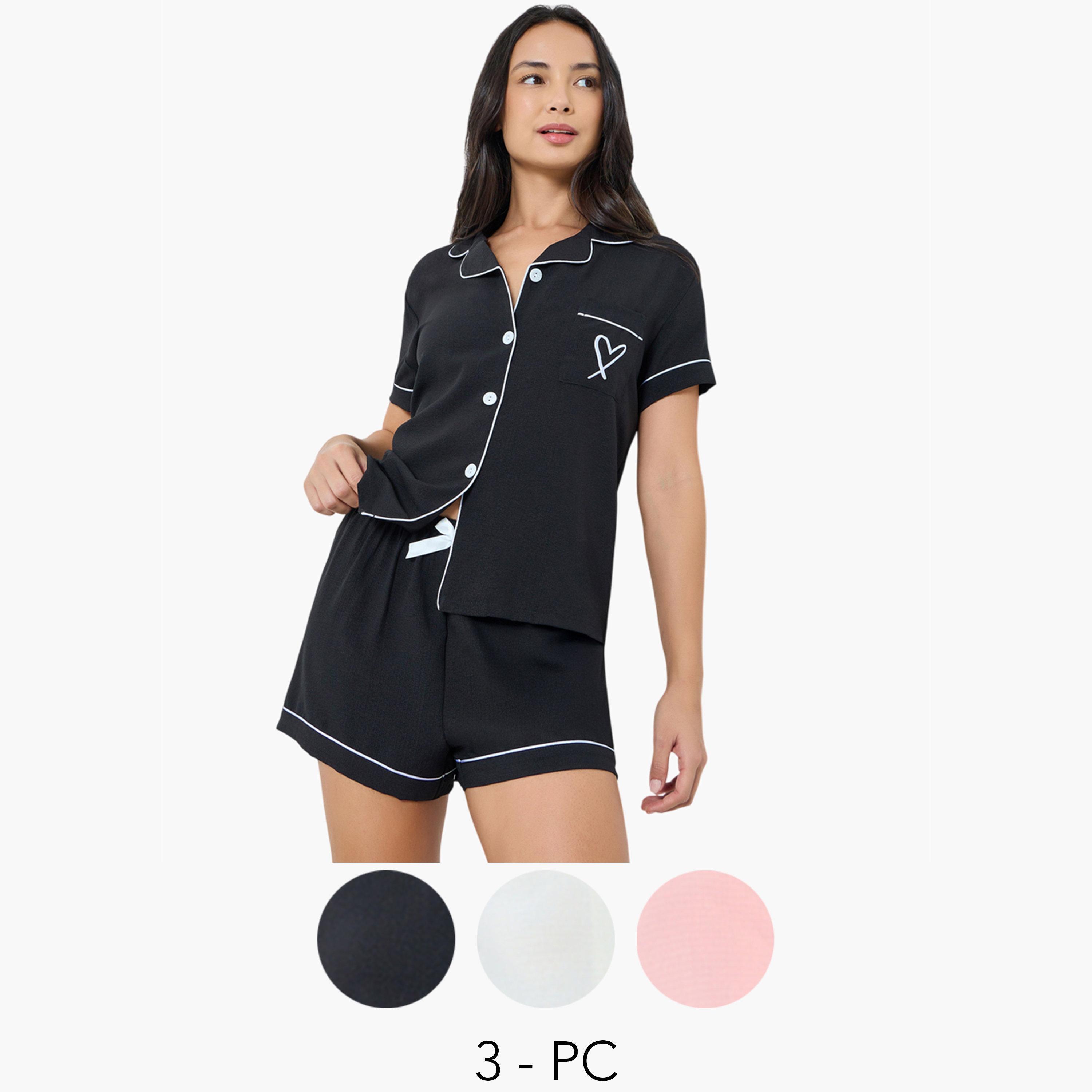مجموعة من 3 قطع شورت وبلوزة بأزرار وتفاصيل أنابيب-women-clothing-nightwear-pyjamas-shortsets-image-6