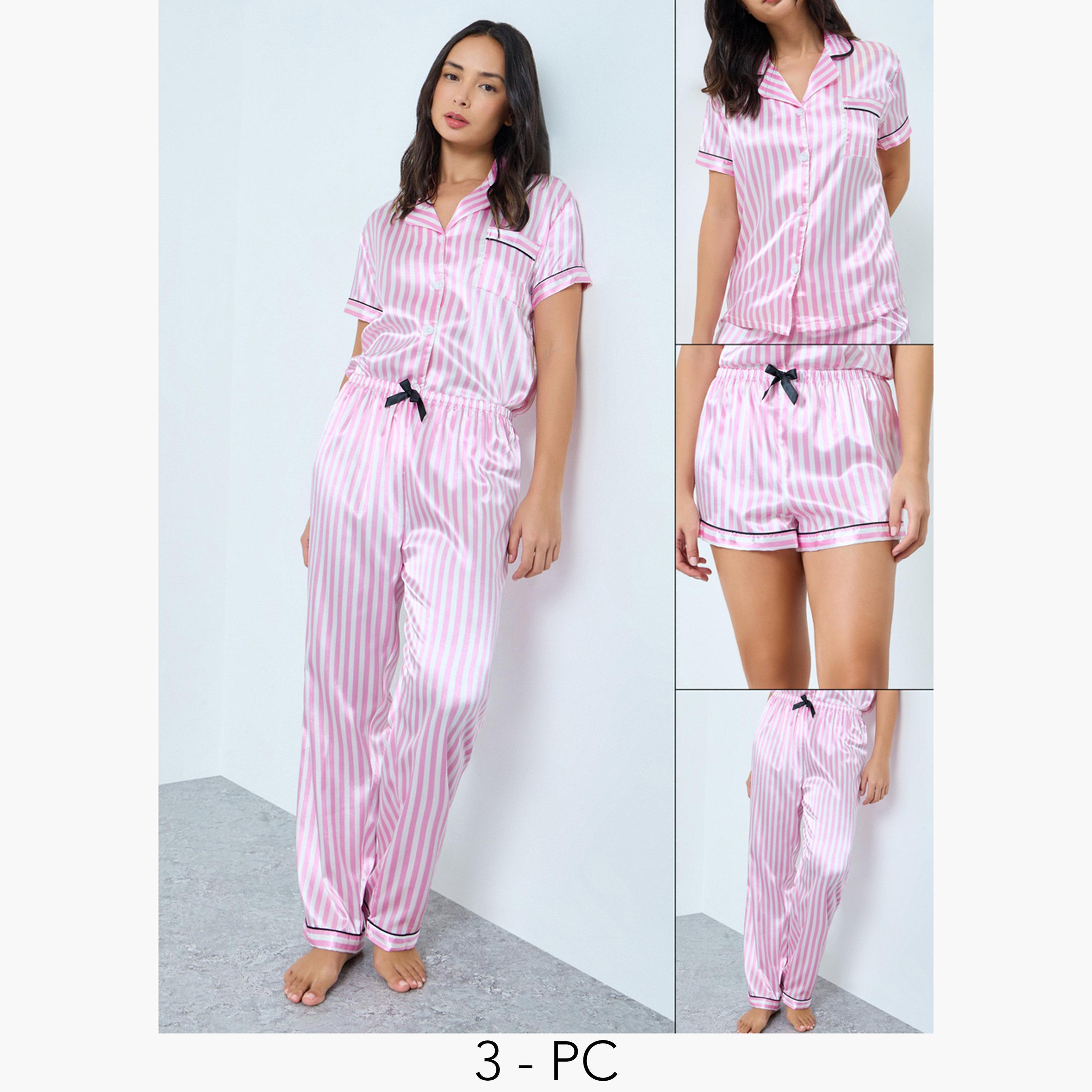 مجموعة من 3 قطع شورت وبنطال وبلوزة بأزرار ونمط مخطط-women-clothing-nightwear-pyjamas-longsets-image-1