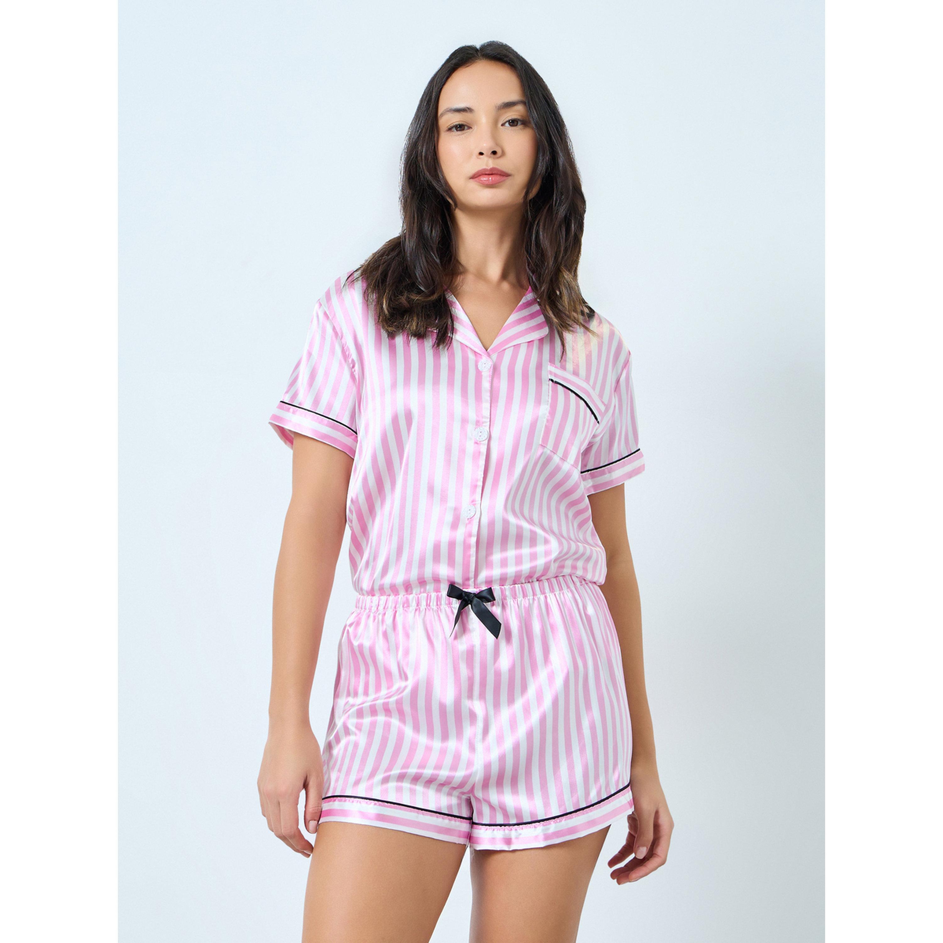 مجموعة من 3 قطع شورت وبنطال وبلوزة بأزرار ونمط مخطط-women-clothing-nightwear-pyjamas-longsets-image-4