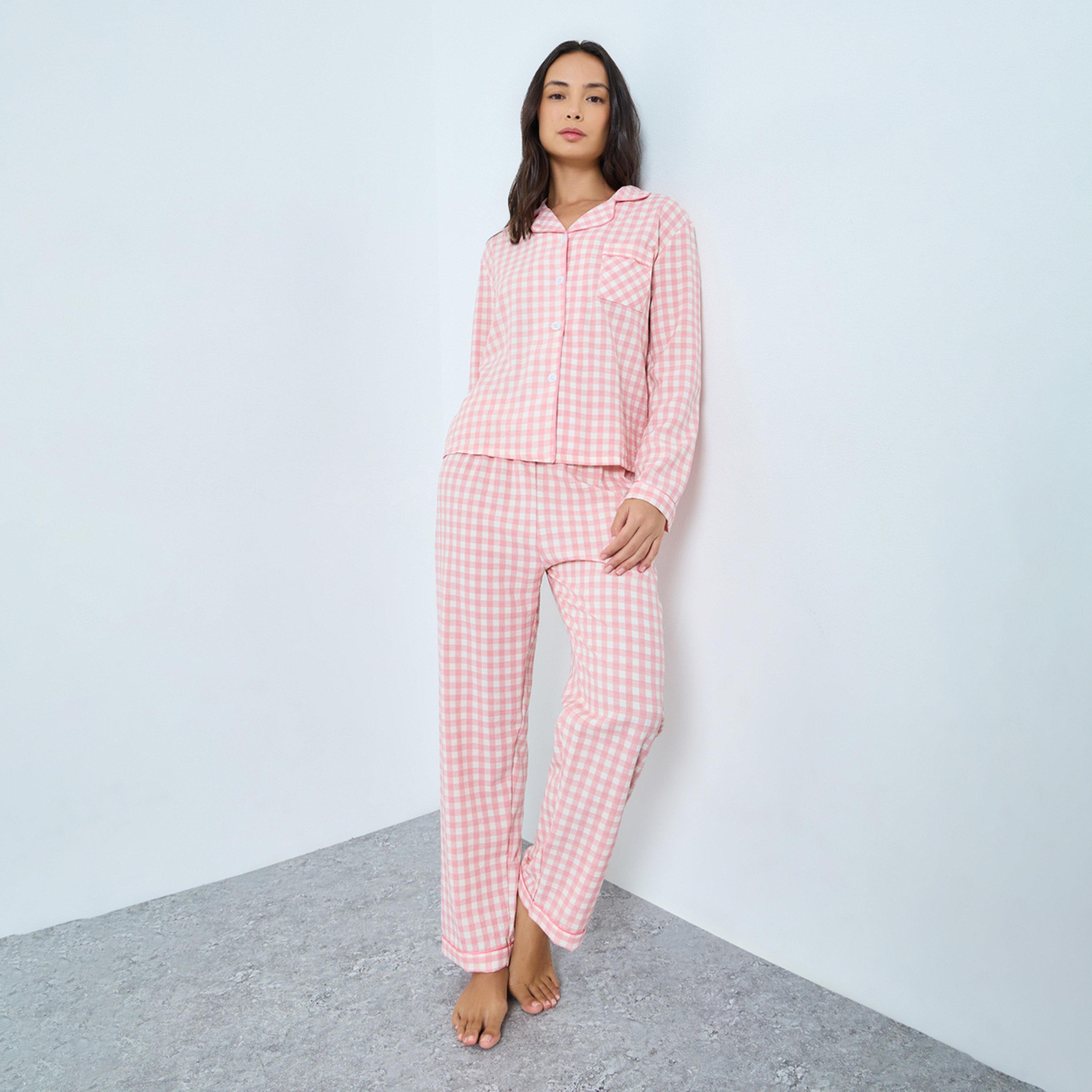 Take Two Pink Gingham Check Shirt and Pyjama Set-women-clothing-nightwear-pyjamas-longsets-image-1