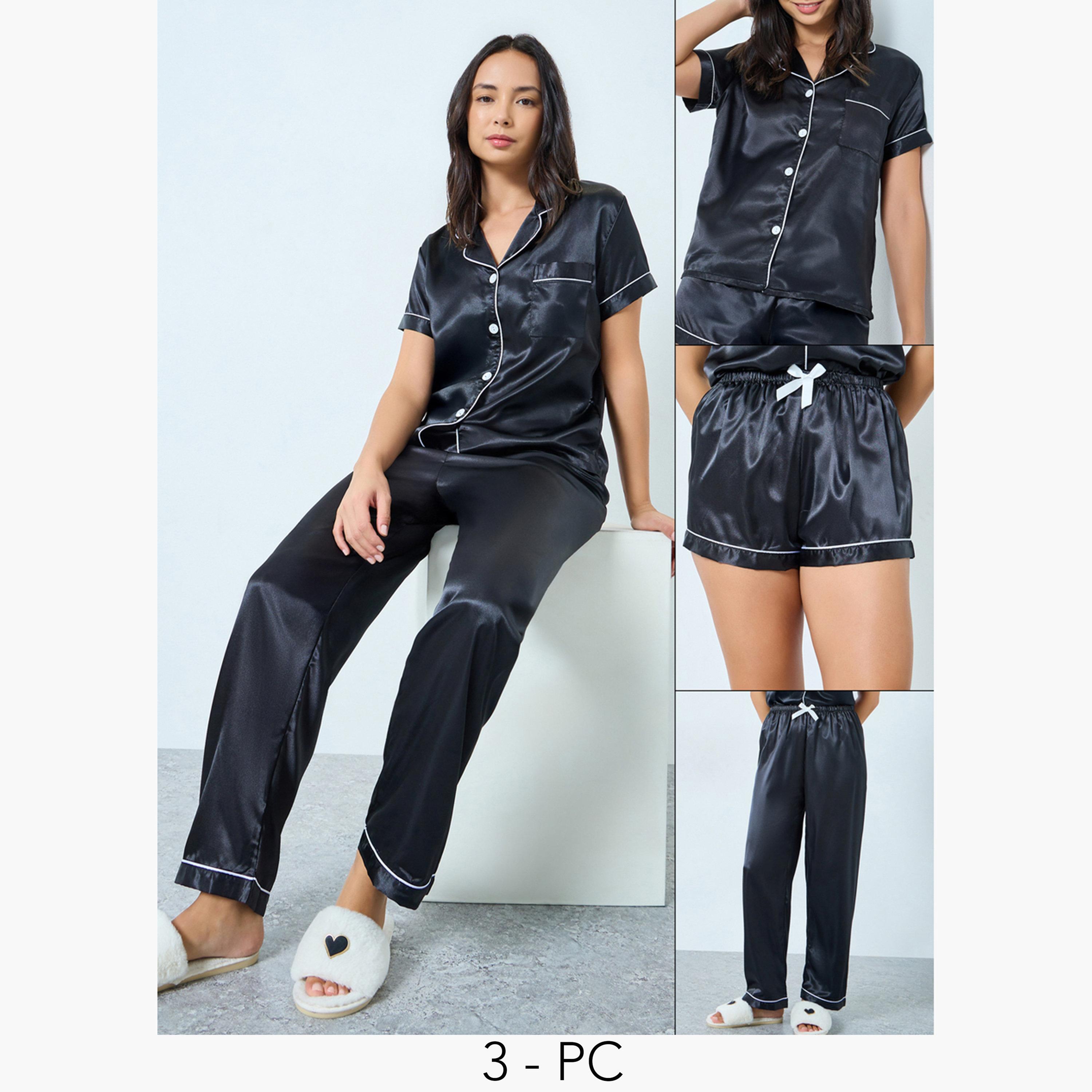 Take Two Pack of 3 - Contrast Piping Detail Shirt, Pyjama and Shorts Set-women-clothing-nightwear-pyjamas-longsets-image-1