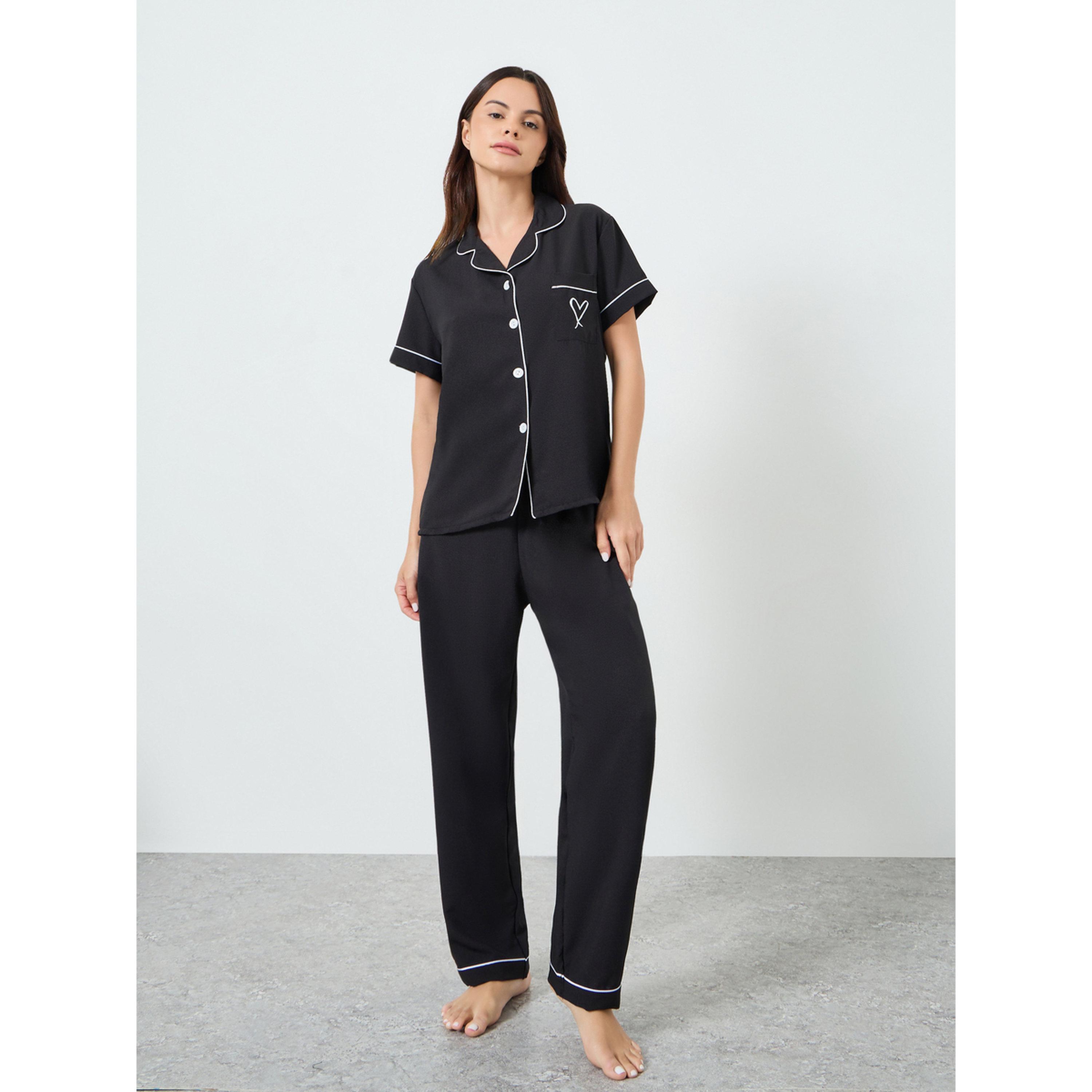 Take Two Black Heart Pocket Detail Shirt and Pyjama Set-women-clothing-nightwear-pyjamas-longsets-image-1