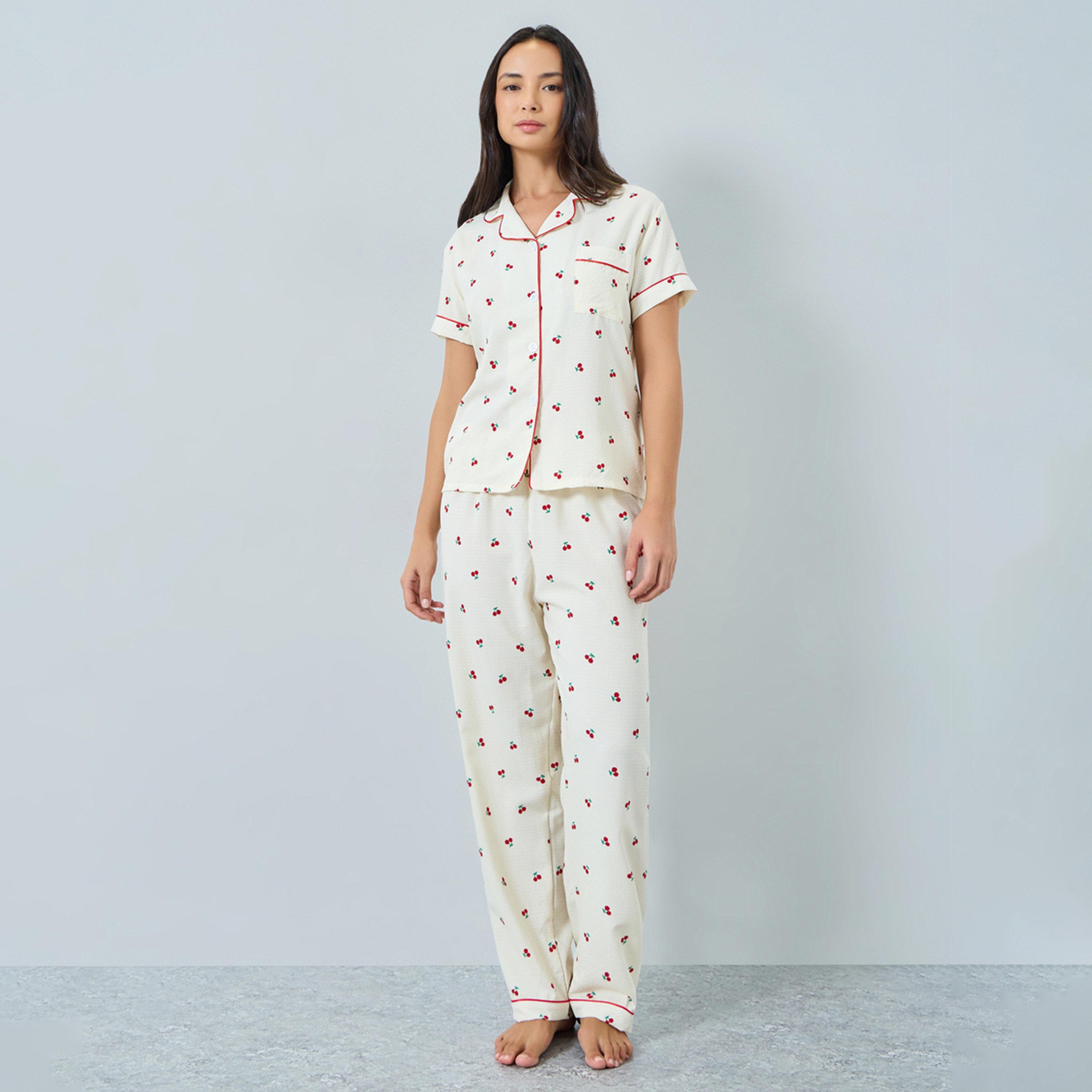 Take Two Cream Cherry Print Shirt and Pyjama Set-women-clothing-nightwear-pyjamas-longsets-image-1