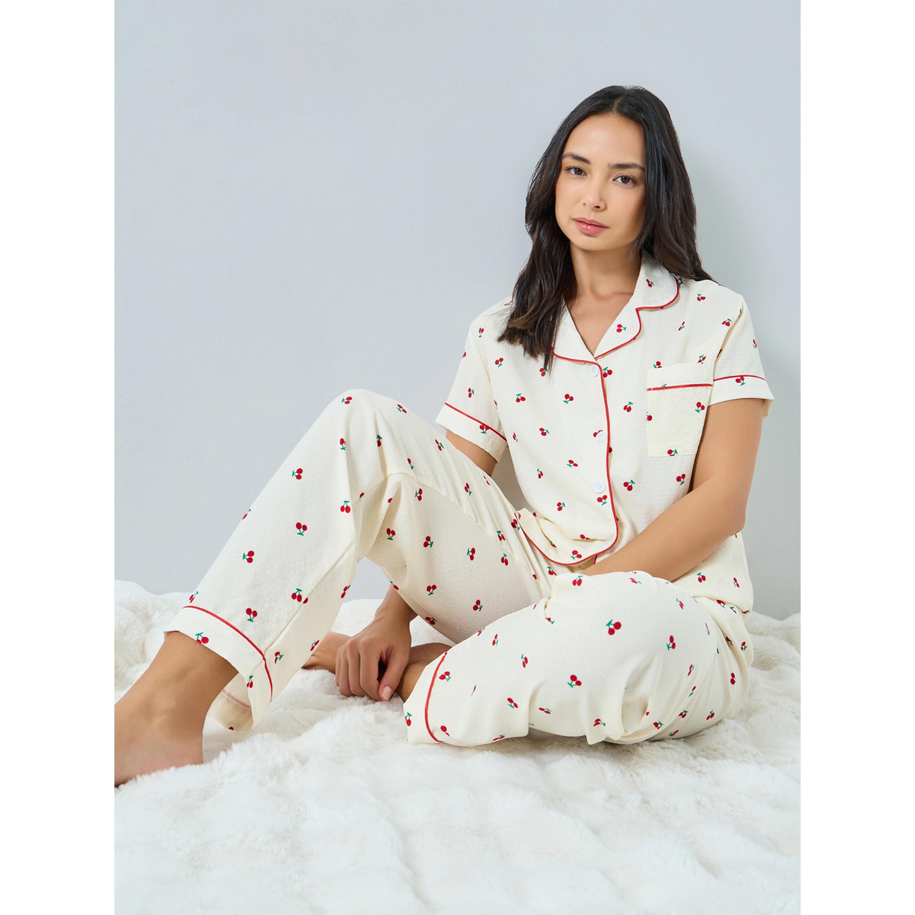 Take Two Cream Cherry Print Shirt and Pyjama Set-women-clothing-nightwear-pyjamas-longsets-image-2